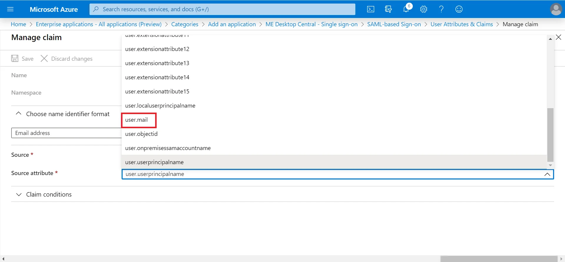 Azure In the drop-down list, select user.mail.