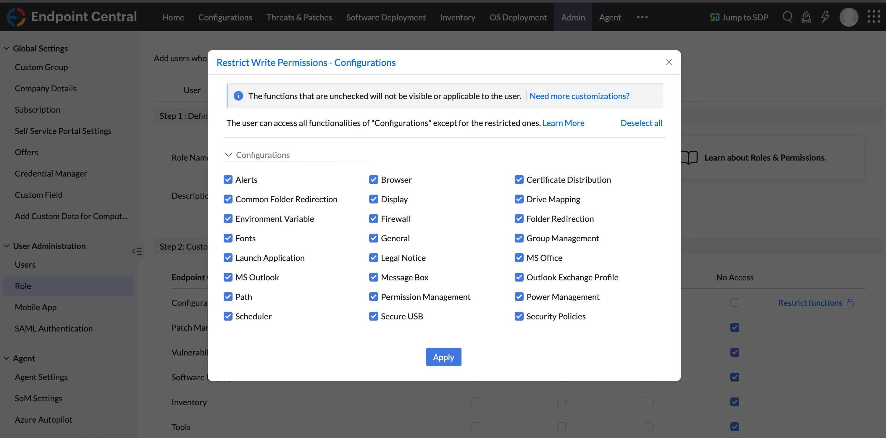Restrict functions for configuration Restrict functions for configuration