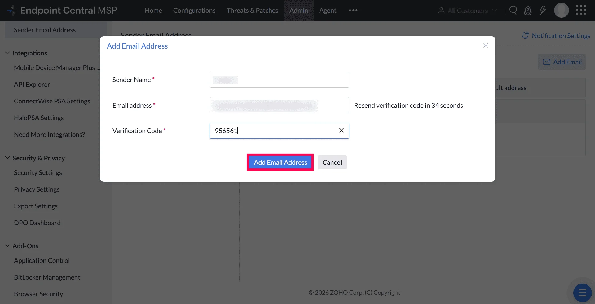 Verification Code Entry