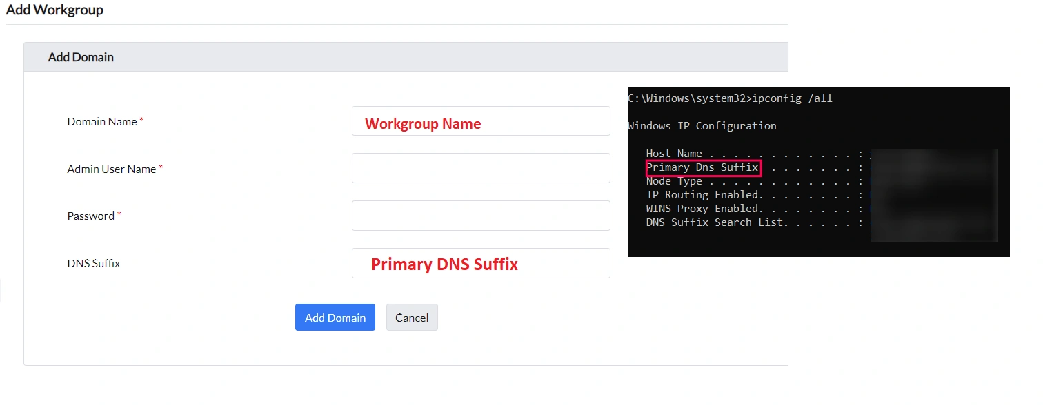 Add Workgroup configuration screen Add Workgroup configuration screen