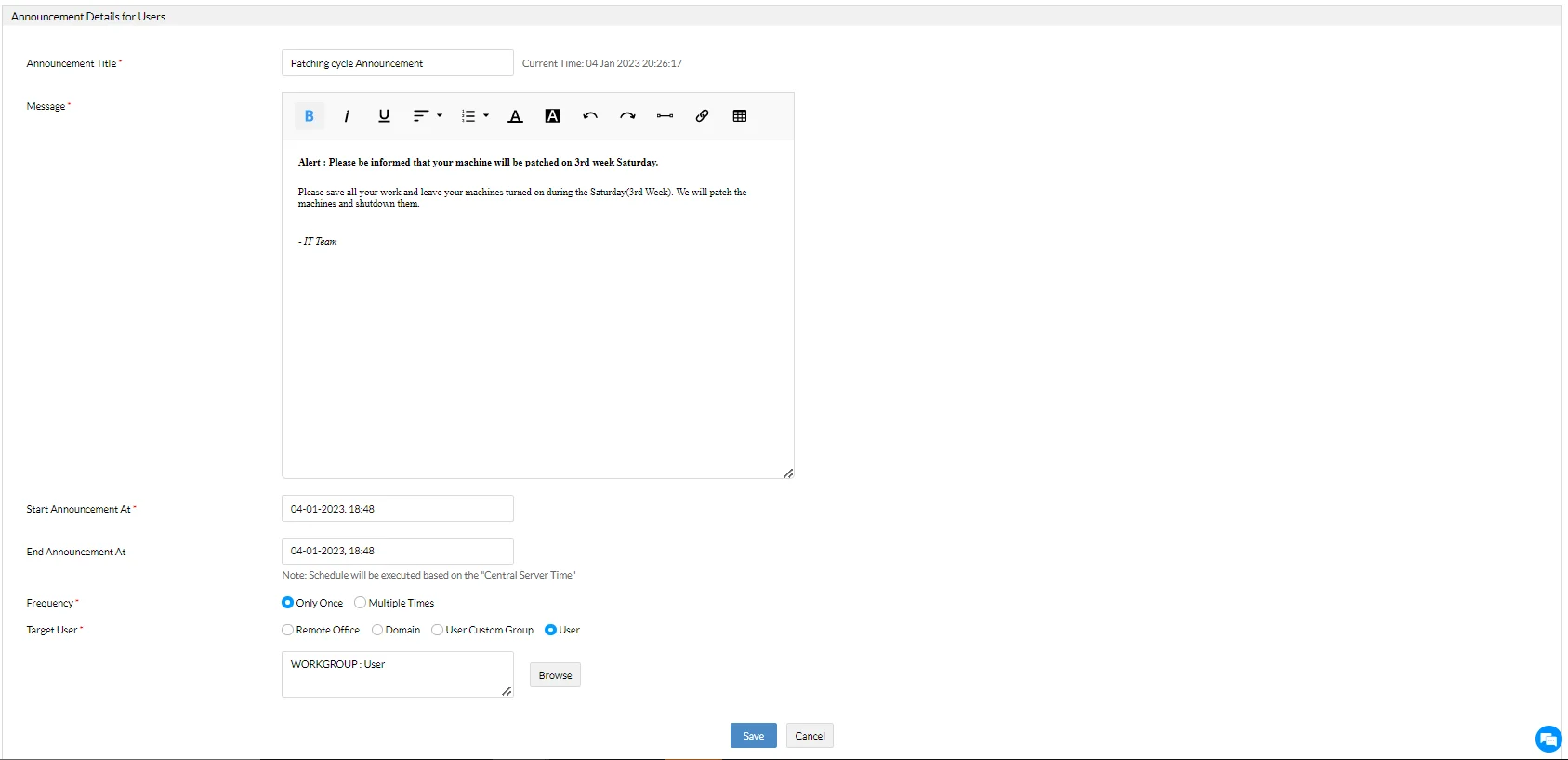 Announcement scheduling screen Announcement scheduling screen