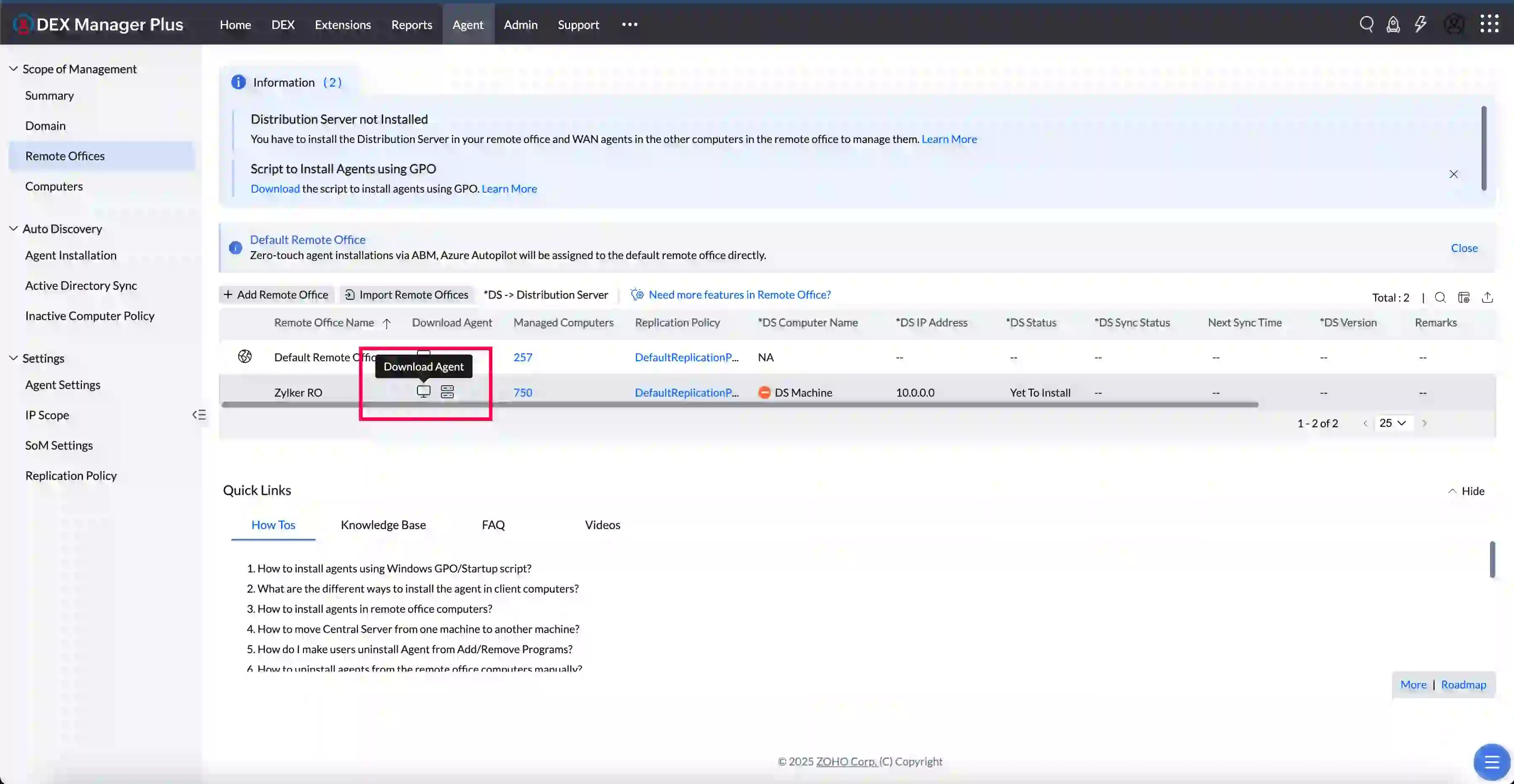 Screenshot showing WAN Agents download and installation options for Windows, macOS, and Linux