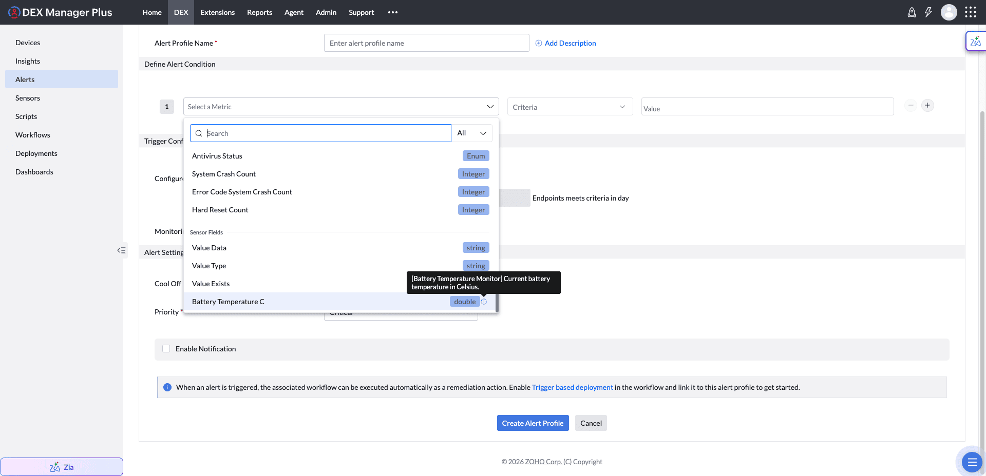 Sensor fields in the alert metric picker Sensor fields in the alert metric picker