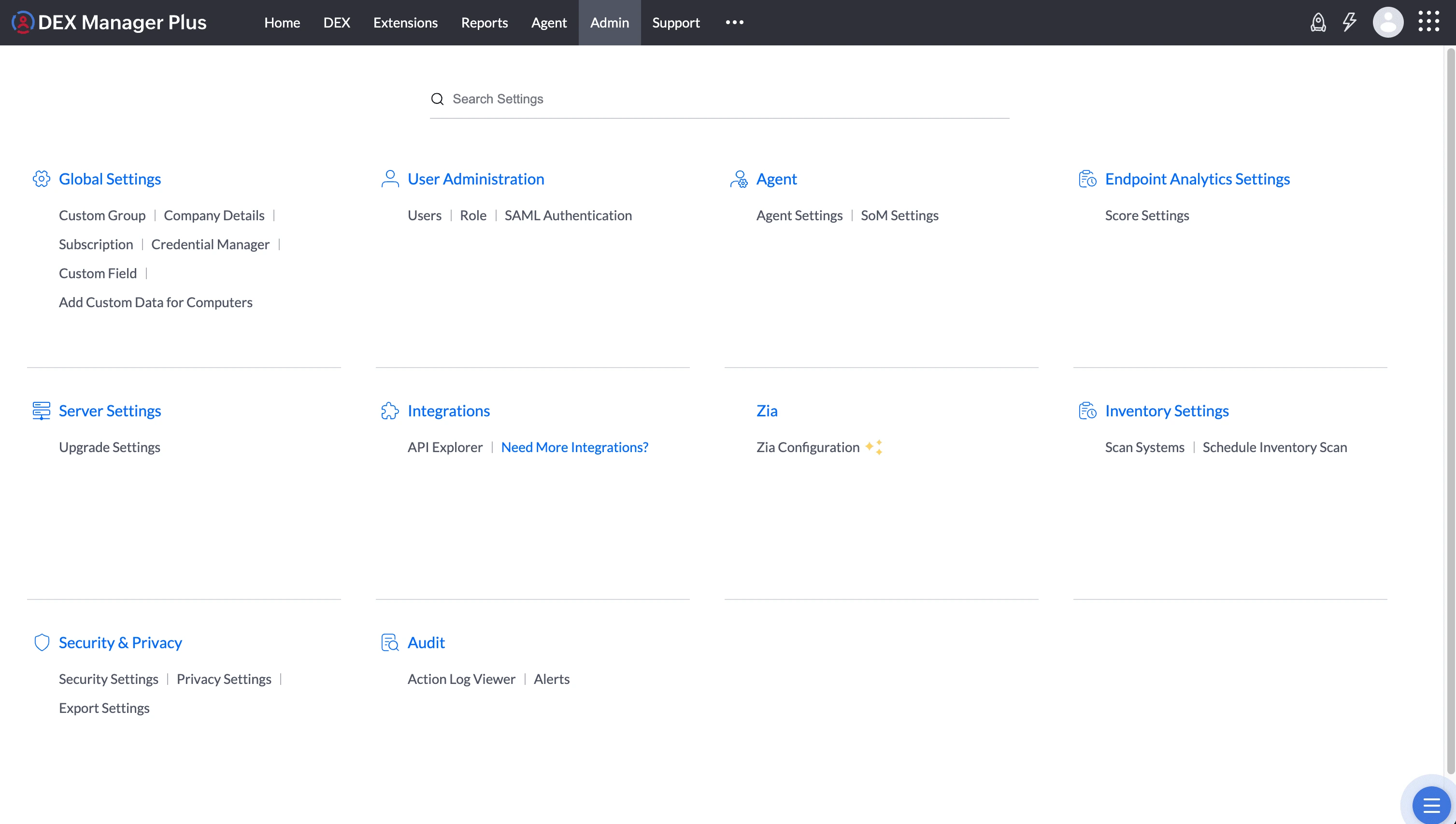 Zia Configuration accessed from Admin settings