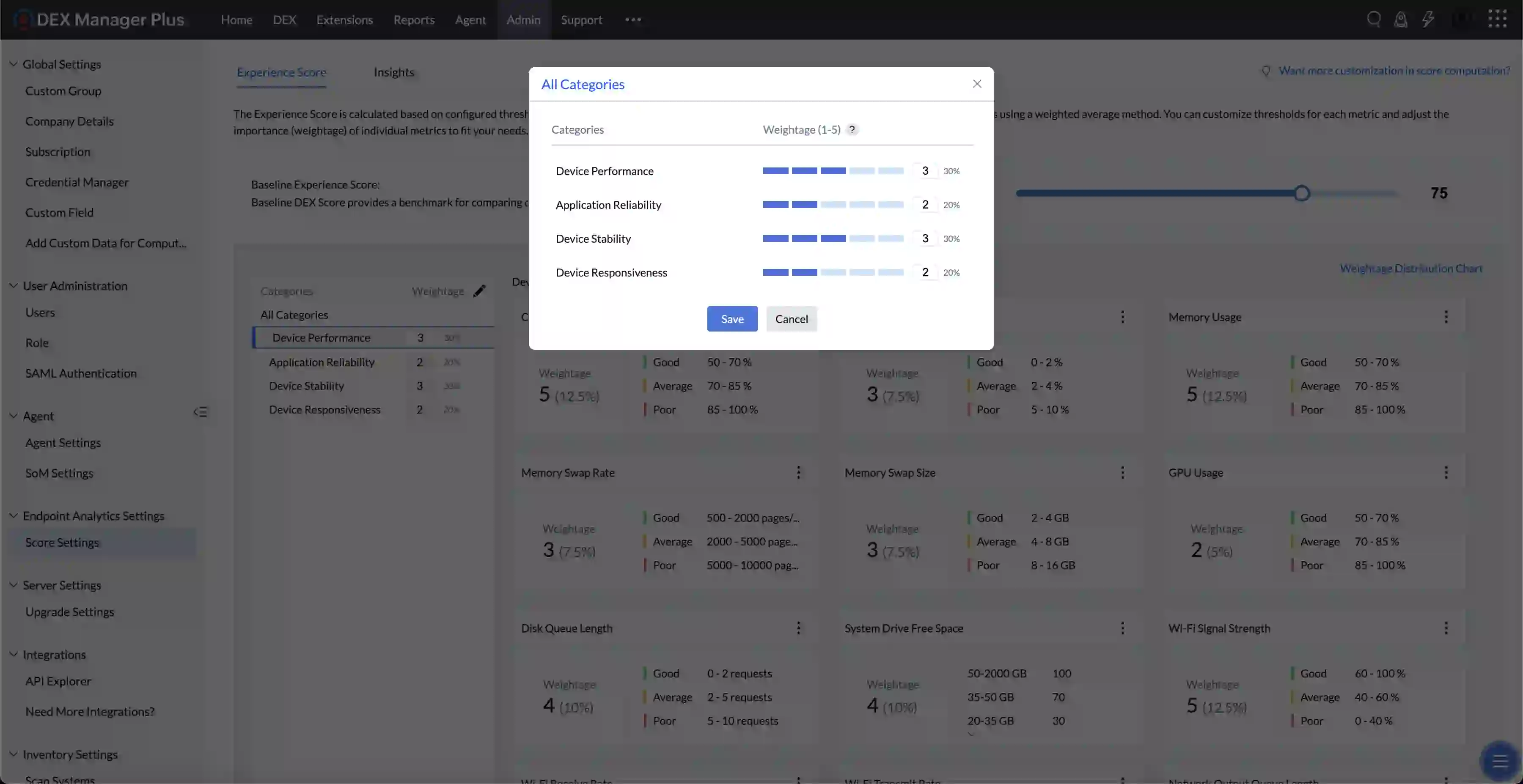 Pencil icon opened to adjust category weight distribution in Score Settings