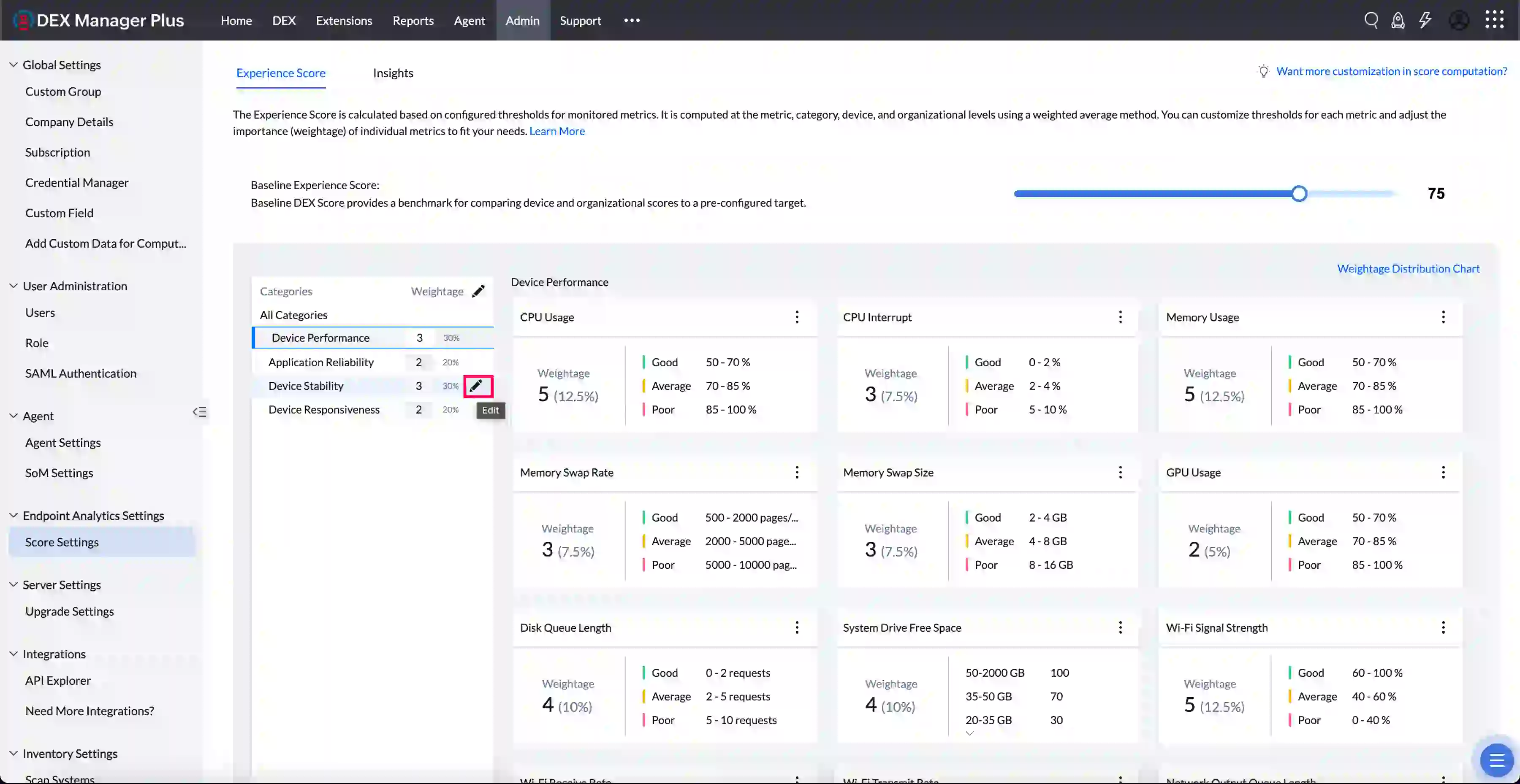 Metric weightage sliders inside a category with Save option