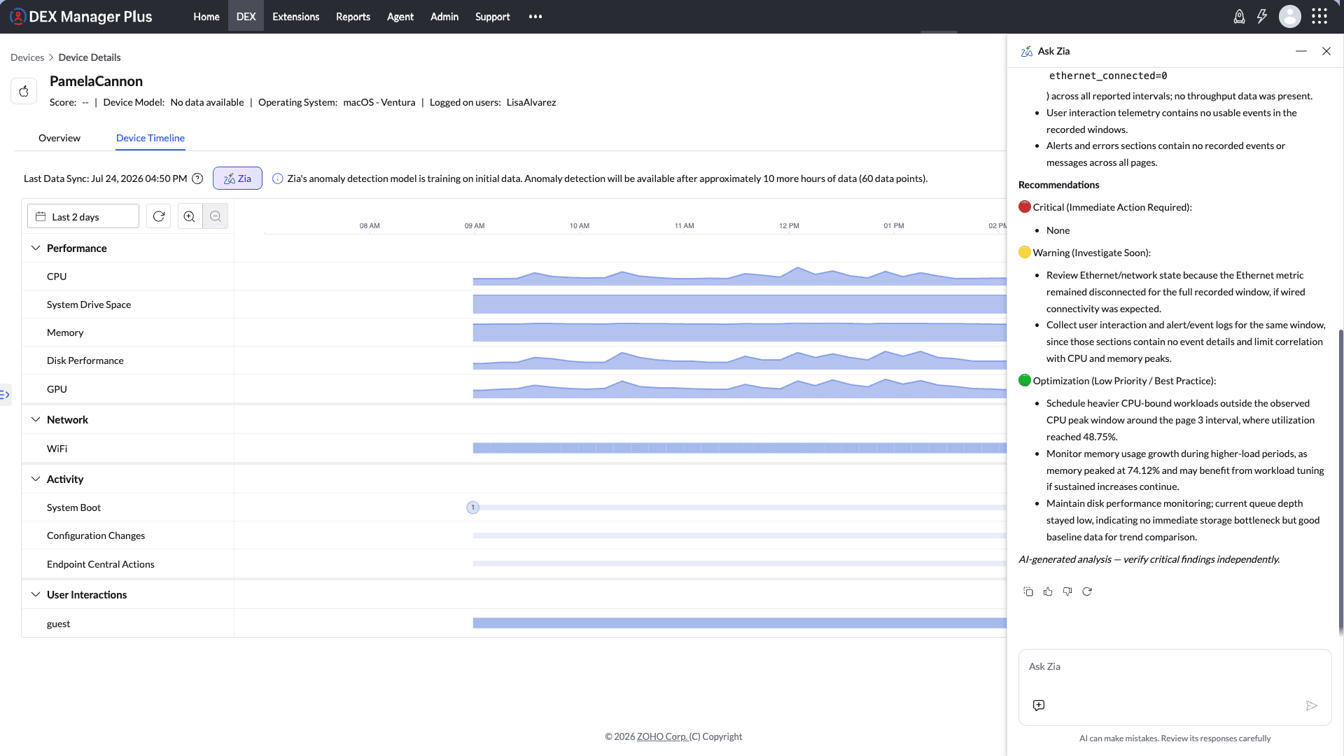 Ask Zia button on Device Timeline