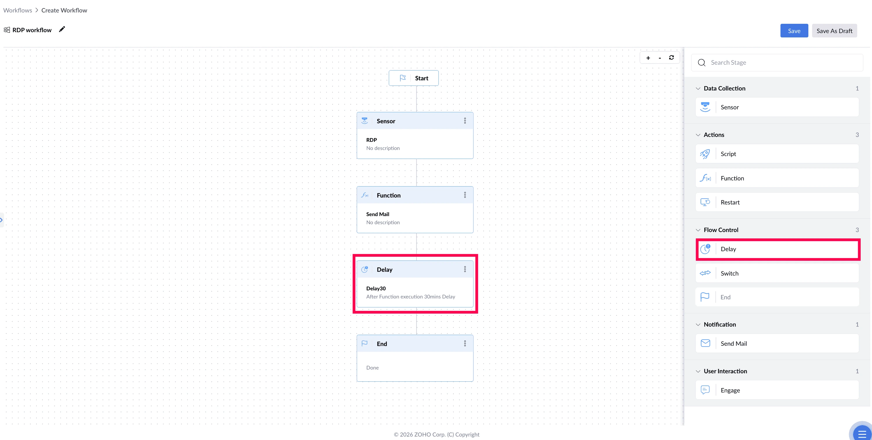 Workflow canvas highlighting the Delay stage Workflow canvas highlighting the Delay stage.