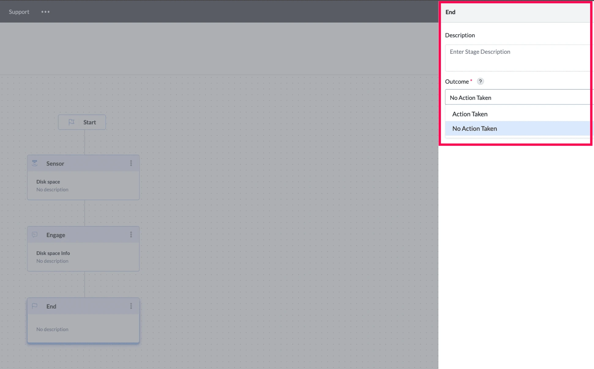 End stage configuration showing description and outcome options End stage configuration showing description and outcome options.