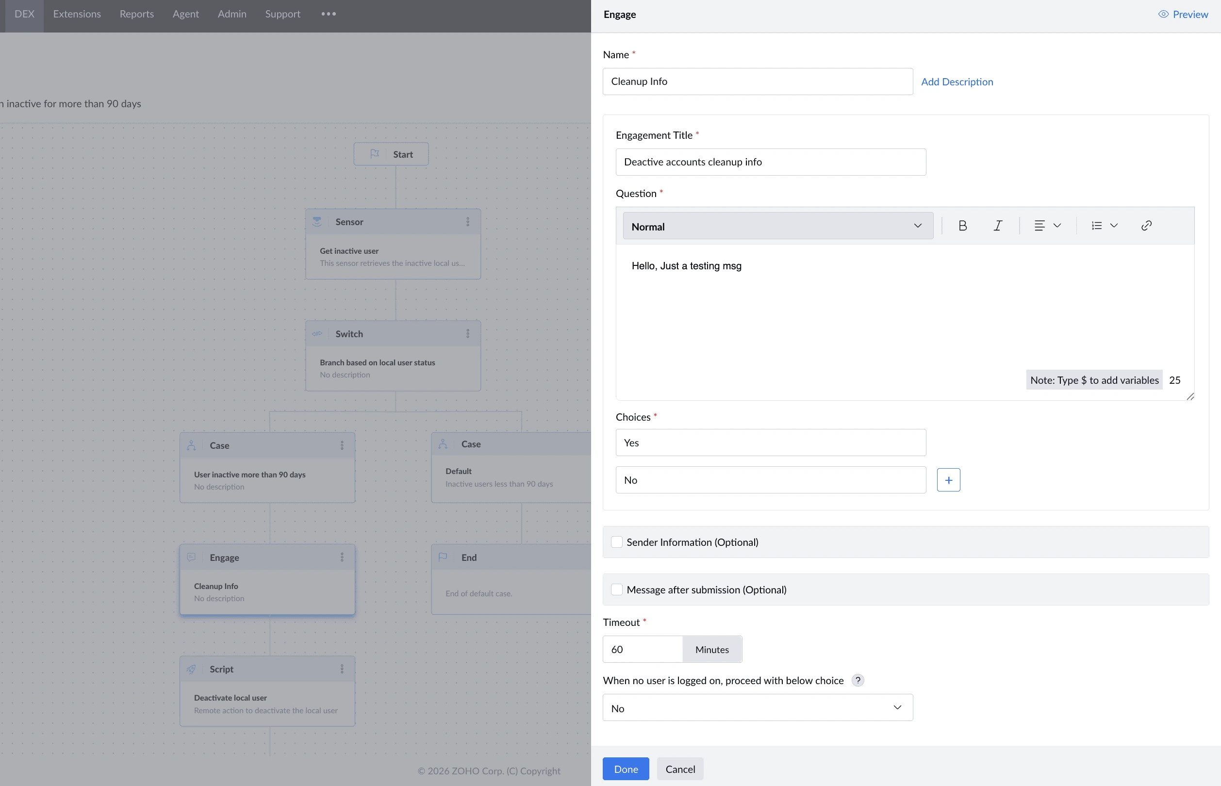 Engage stage title, question, choices, timeout, and fallback configuration Engage stage title, question, choices, timeout, and fallback configuration.