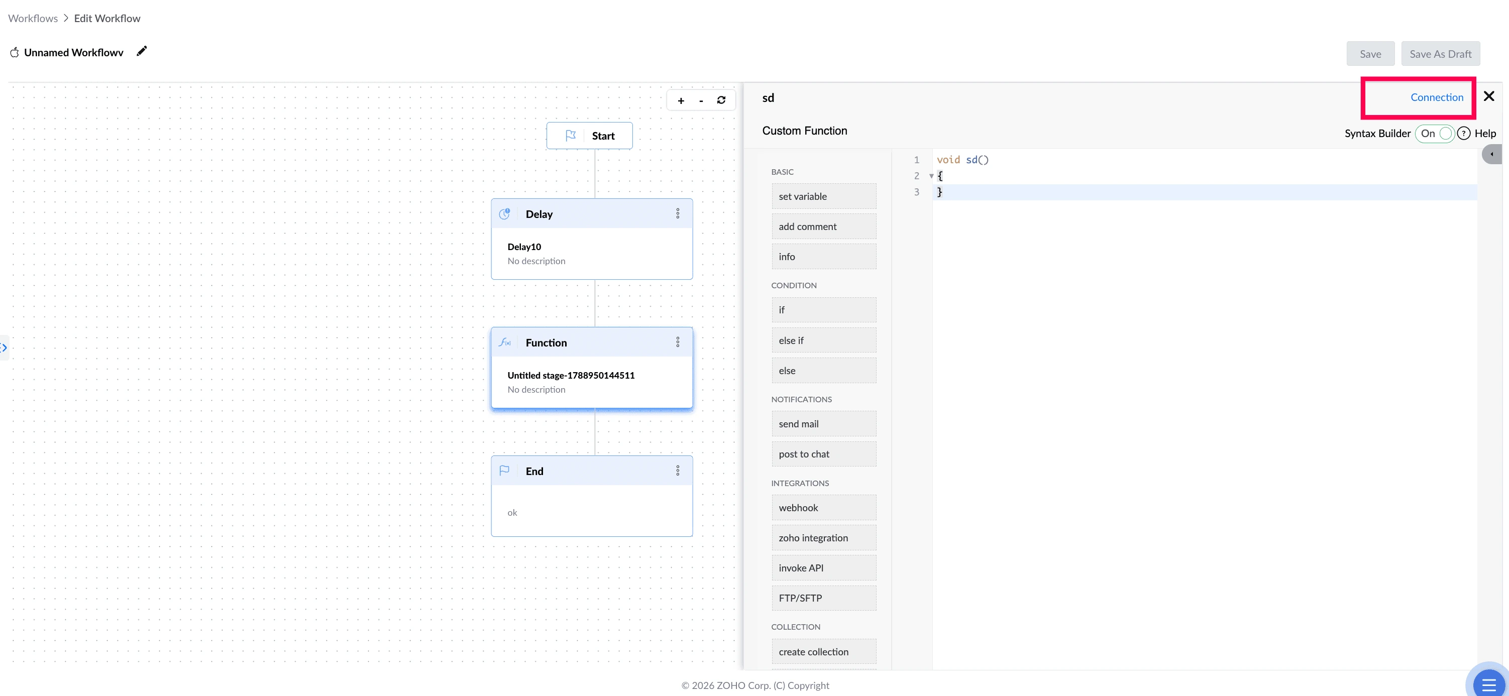 Function editor Connection configuration.