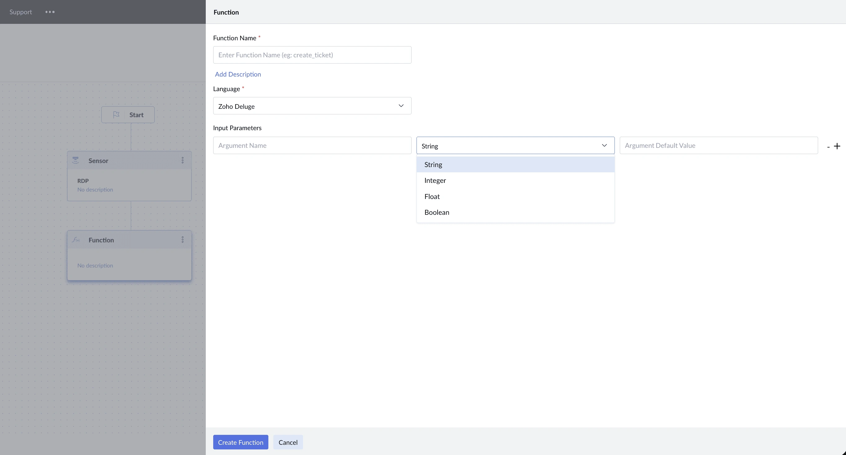 Zoho Deluge function input parameter configuration.