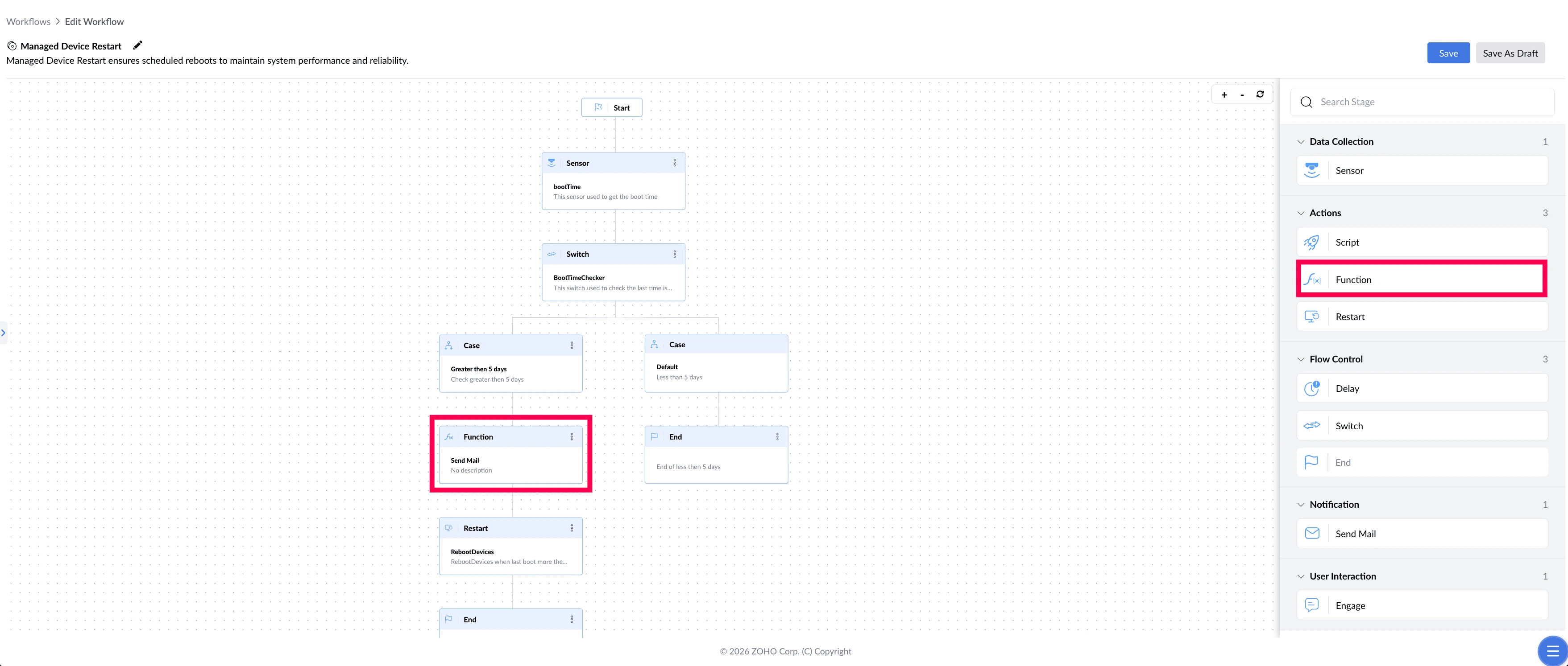 Workflow canvas highlighting the Function stage.