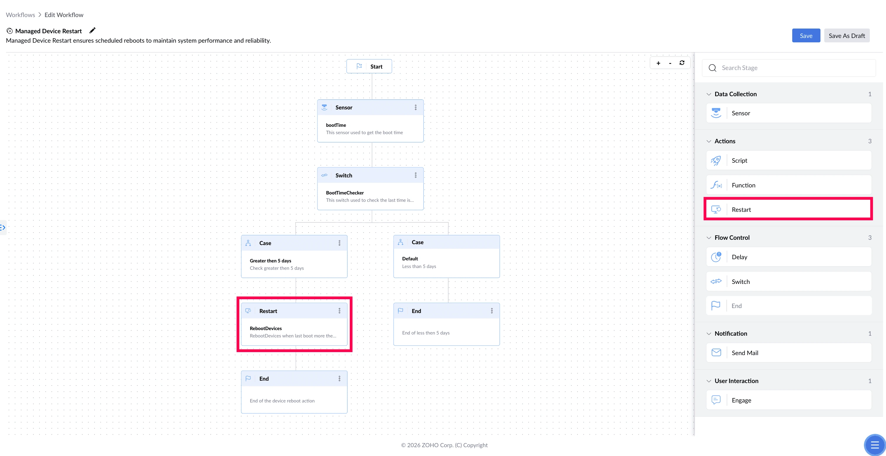 Workflow canvas highlighting the Restart stage Workflow canvas highlighting the Restart stage.