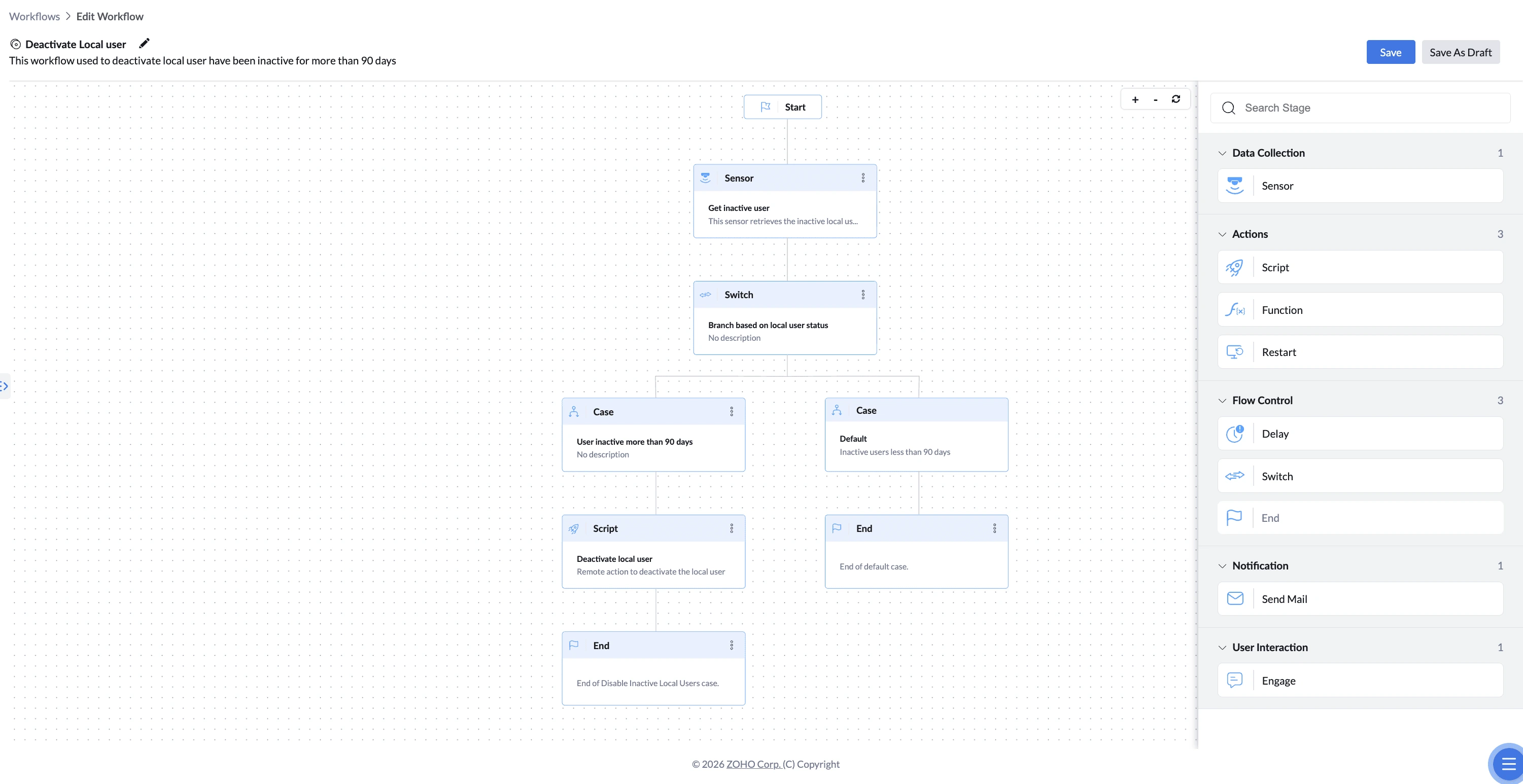 Inactive local users workflow showing the Script stage.