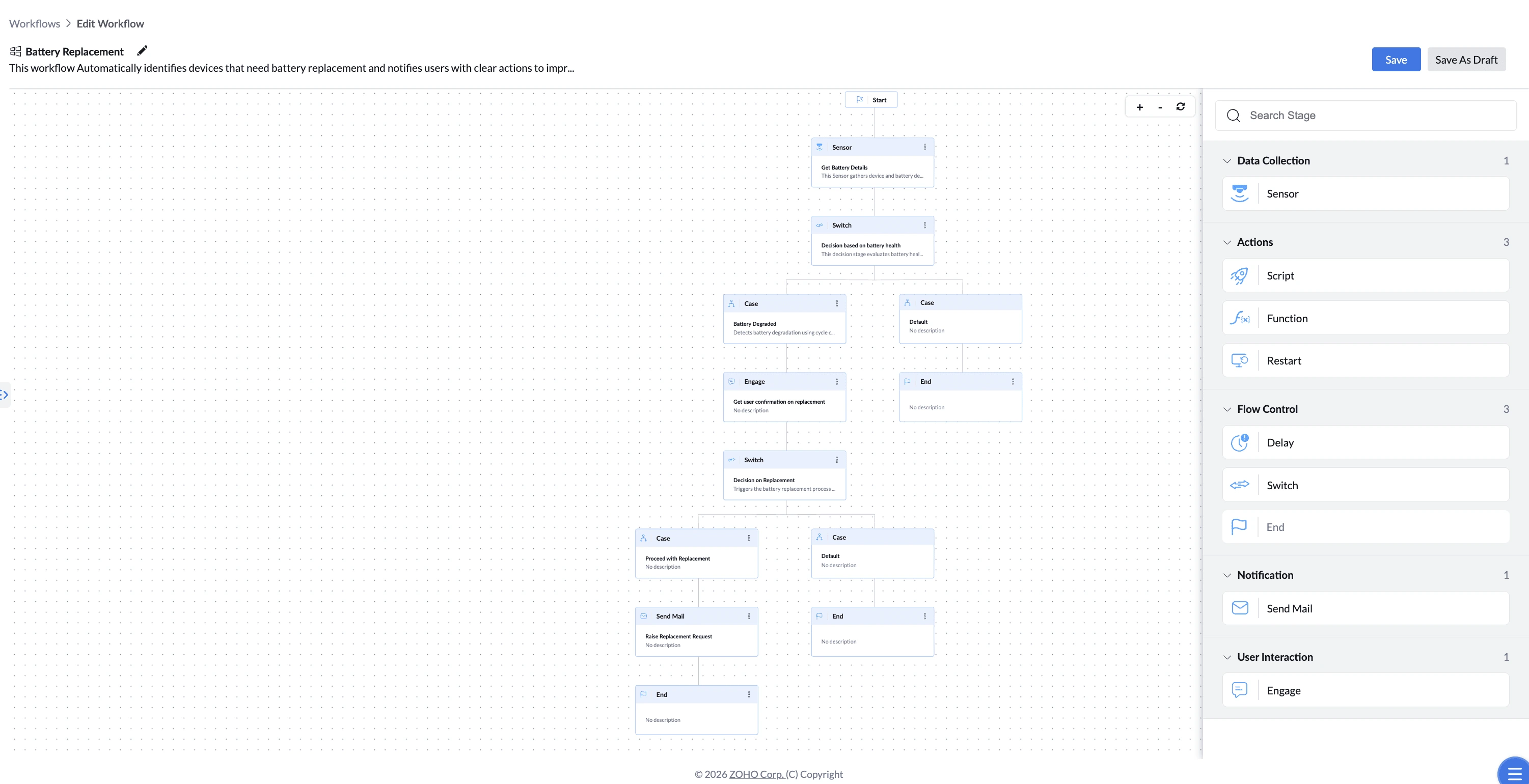 Battery replacement workflow showing the Send Mail stage Battery replacement workflow showing the Send Mail stage.