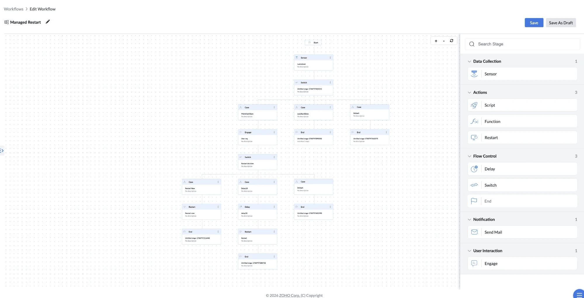 Managed device restart workflow showing branching Switch stages Managed device restart workflow showing branching Switch stages.