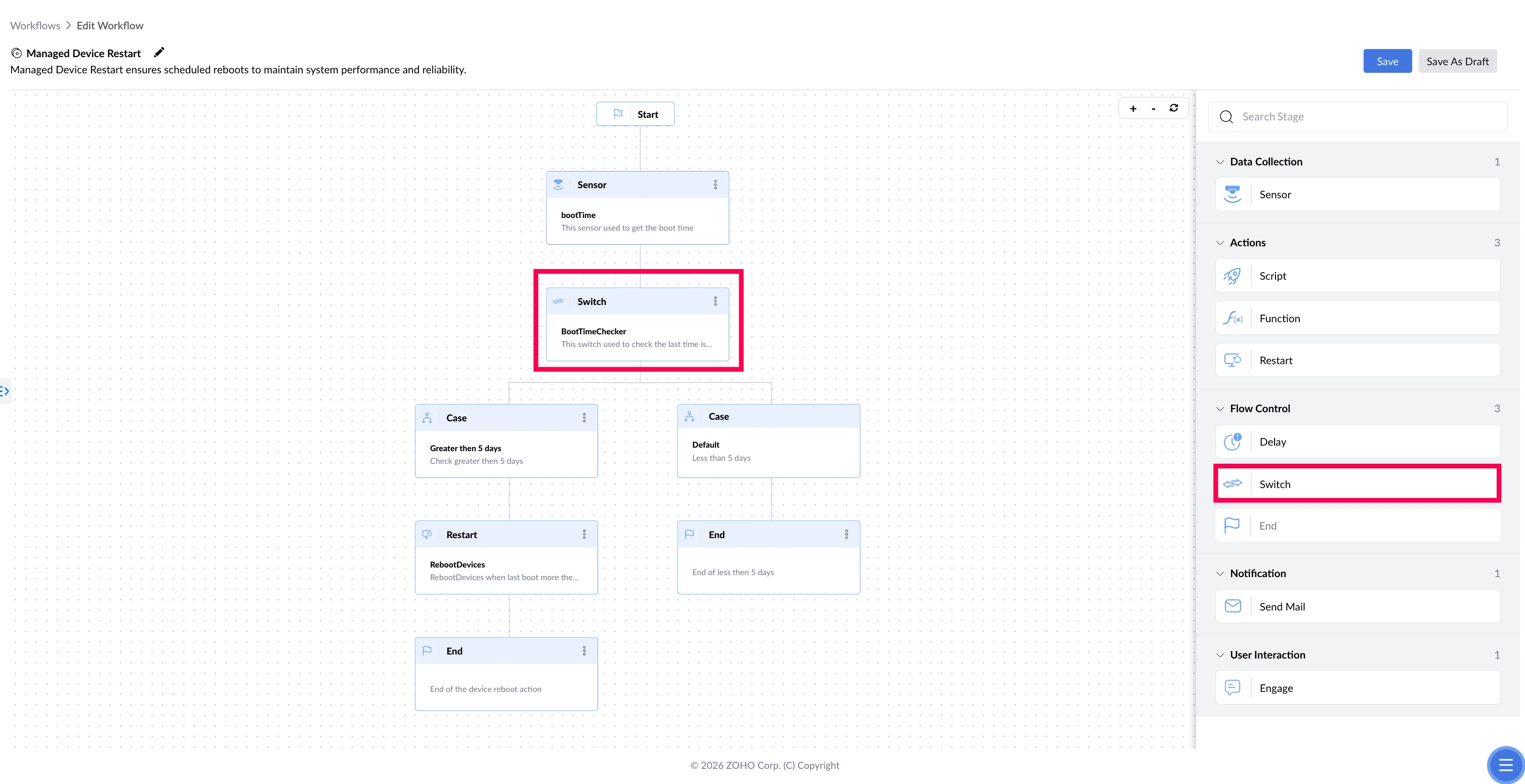 Workflow canvas highlighting the Switch stage Workflow canvas highlighting the Switch stage.