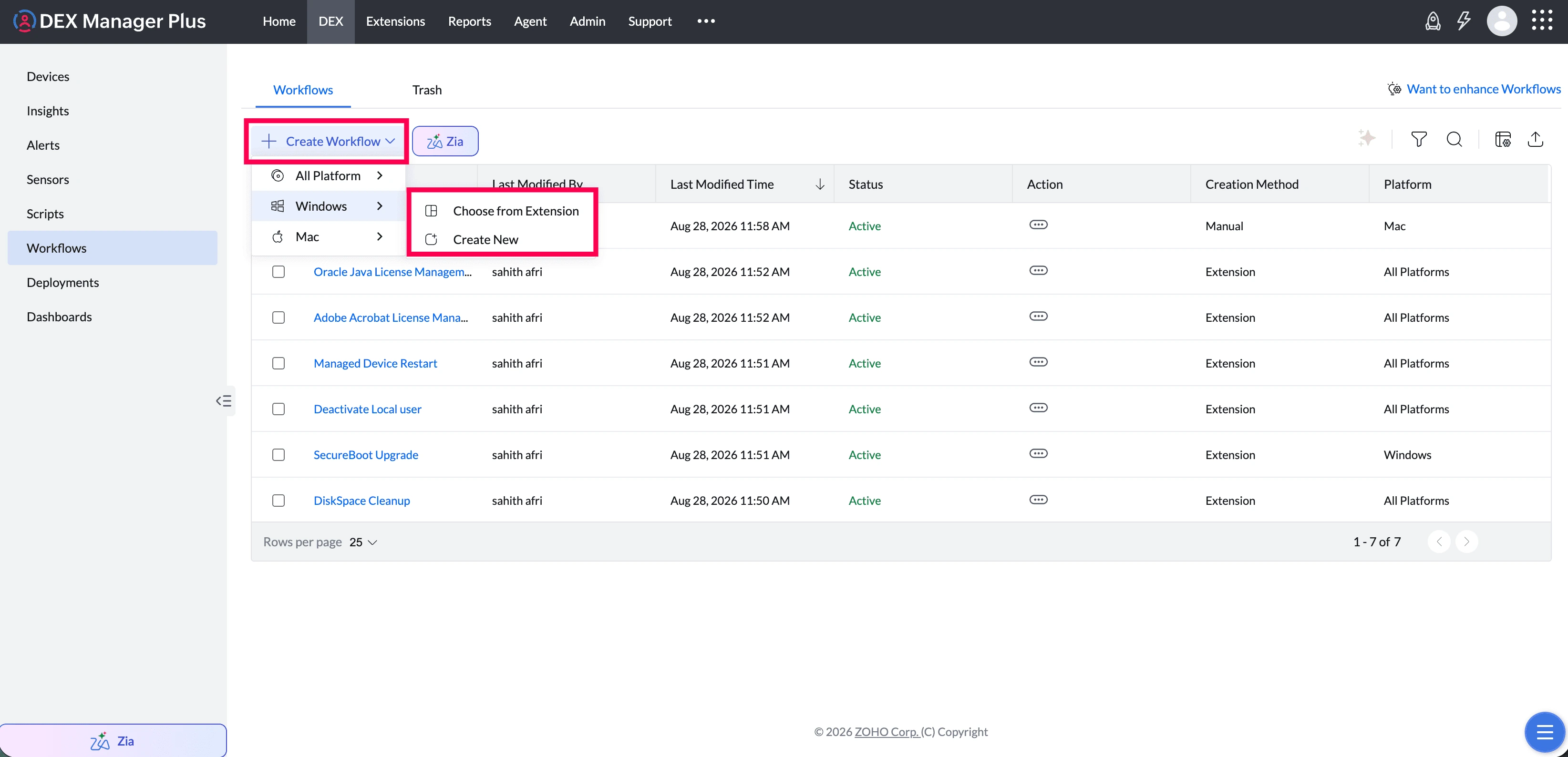 Create Workflow menu showing platform and creation method options.