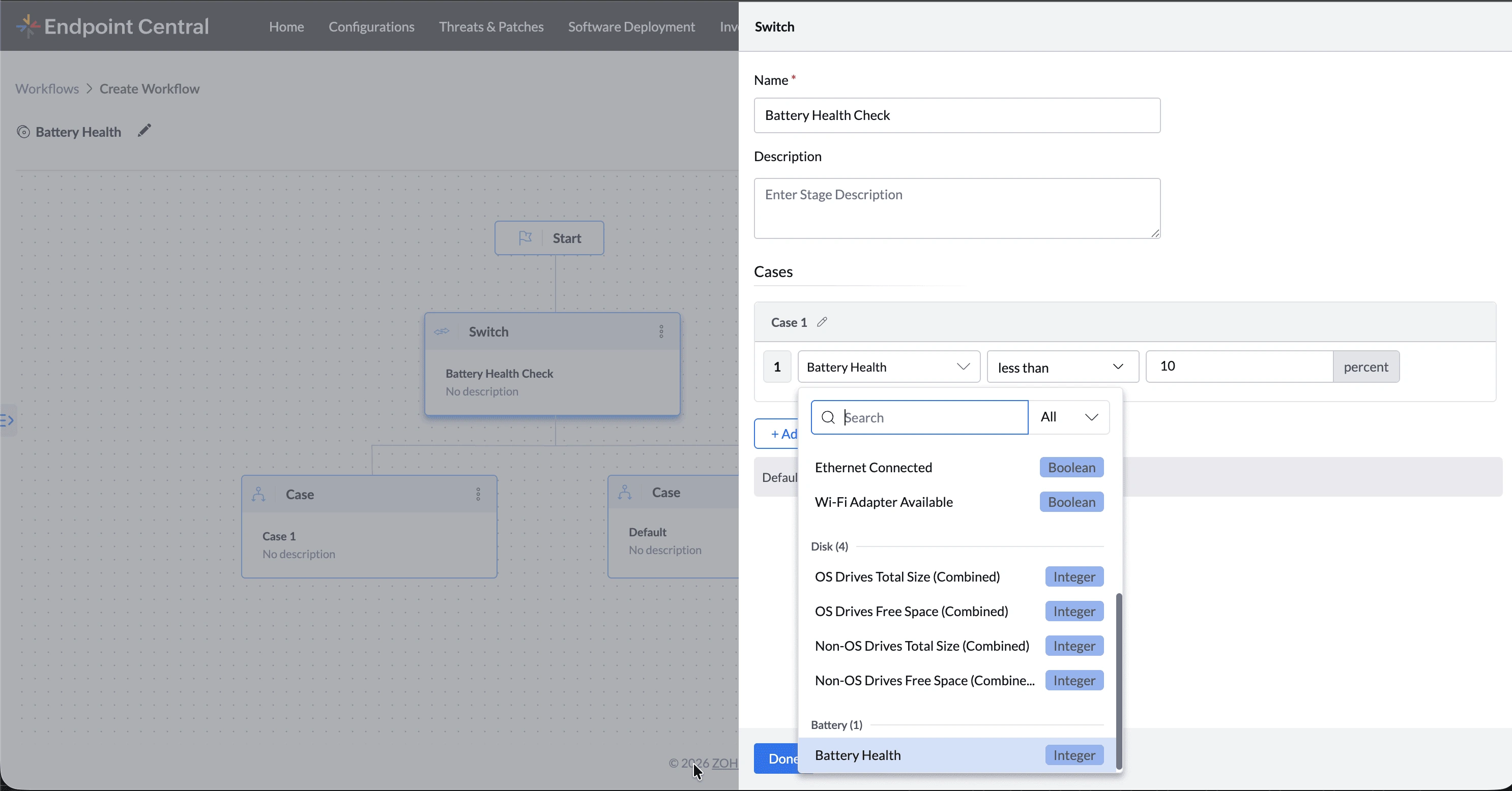 Switch stage showing device properties available for workflow conditions.