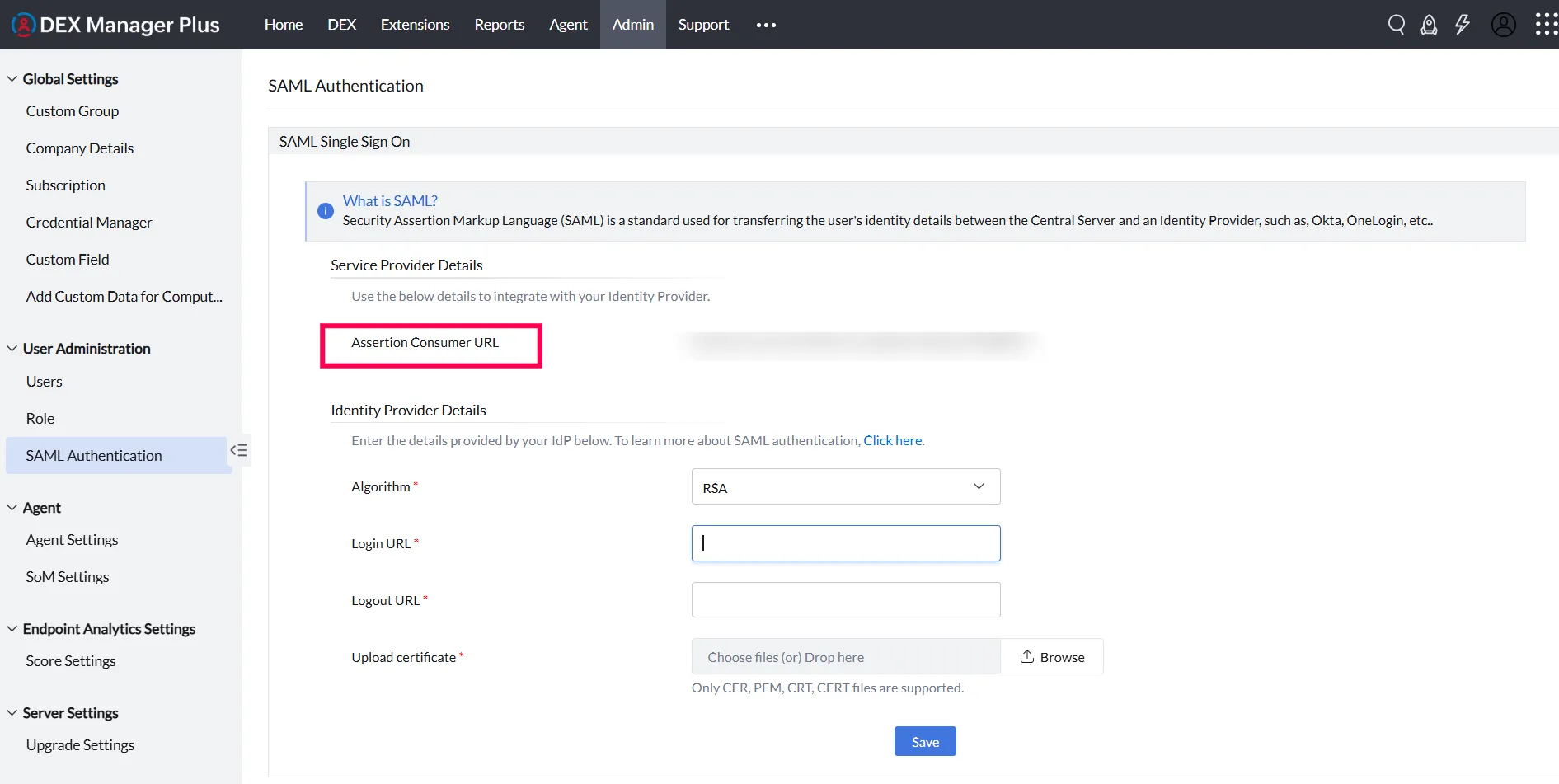 An image of saml authentication via Cloud with Assertion Consumer URL mentioned