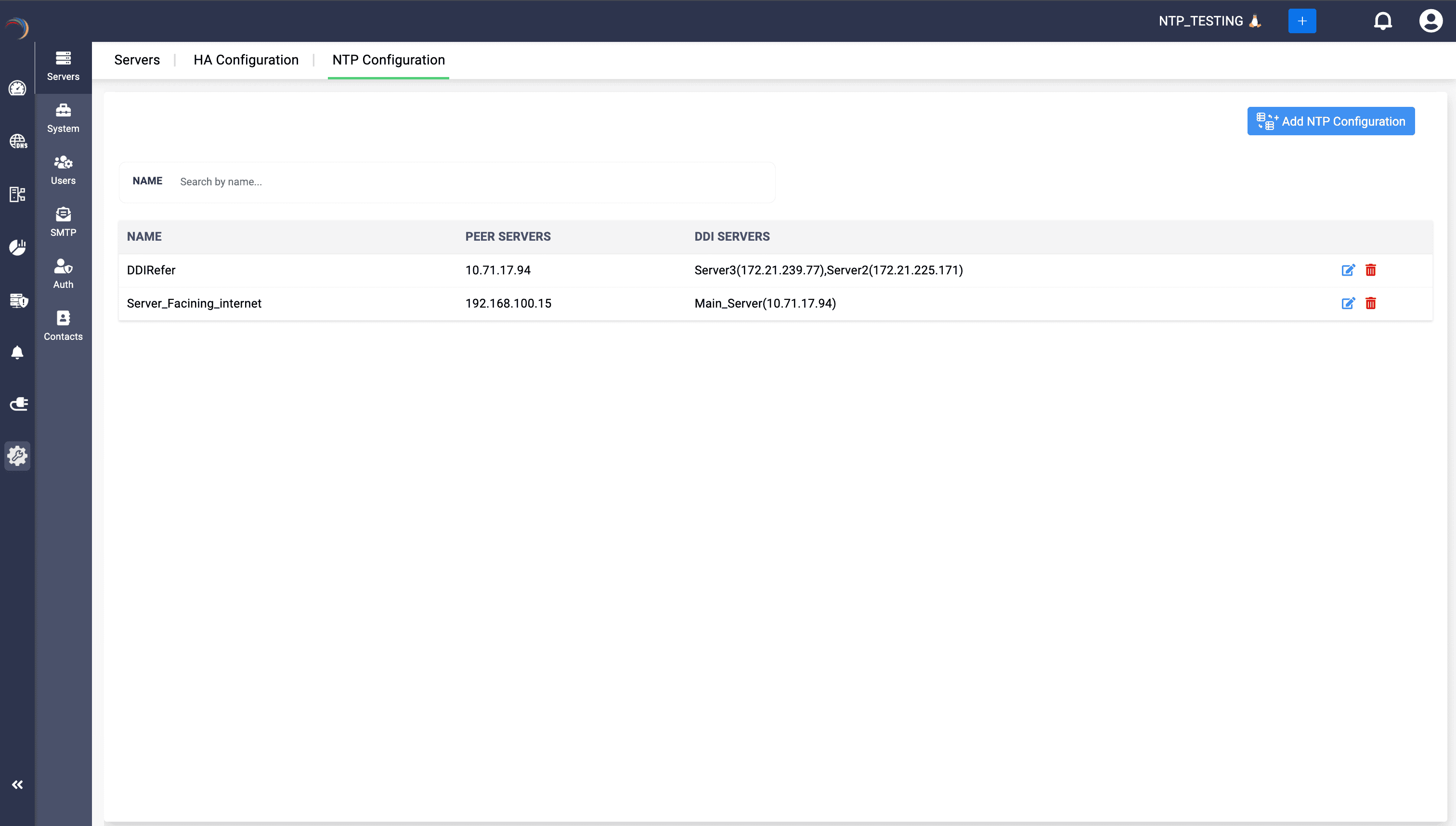 DDI Central - NTP Configuration tab