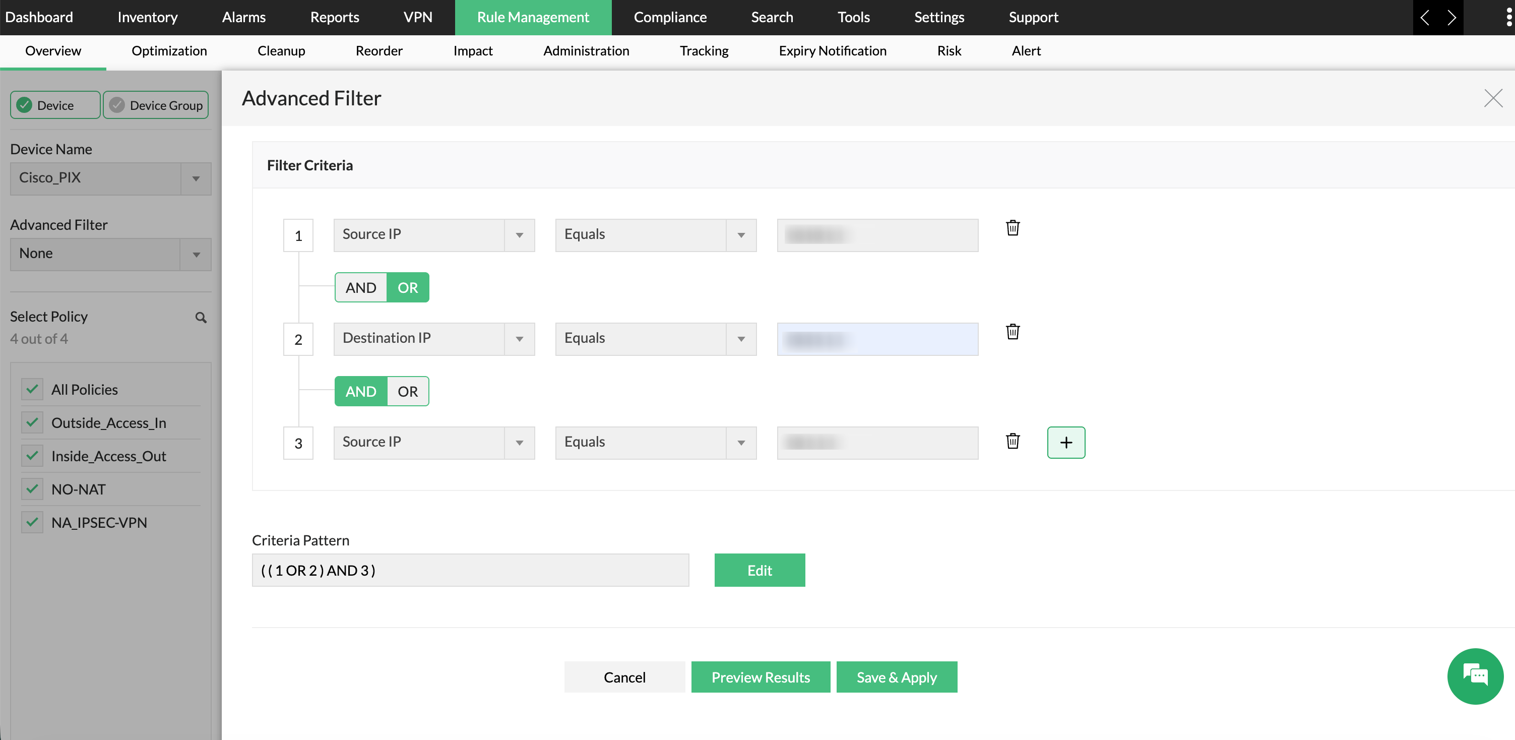 image title Criteria pattern in Firewall Analyzer