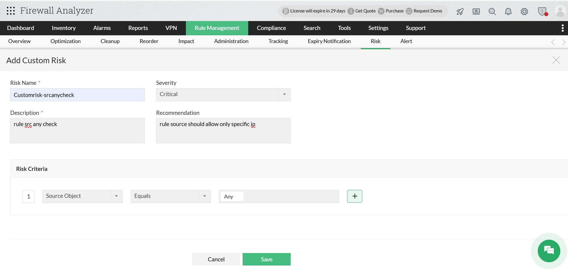 image title Add Custom Risk Profile in Firewall Analyzer