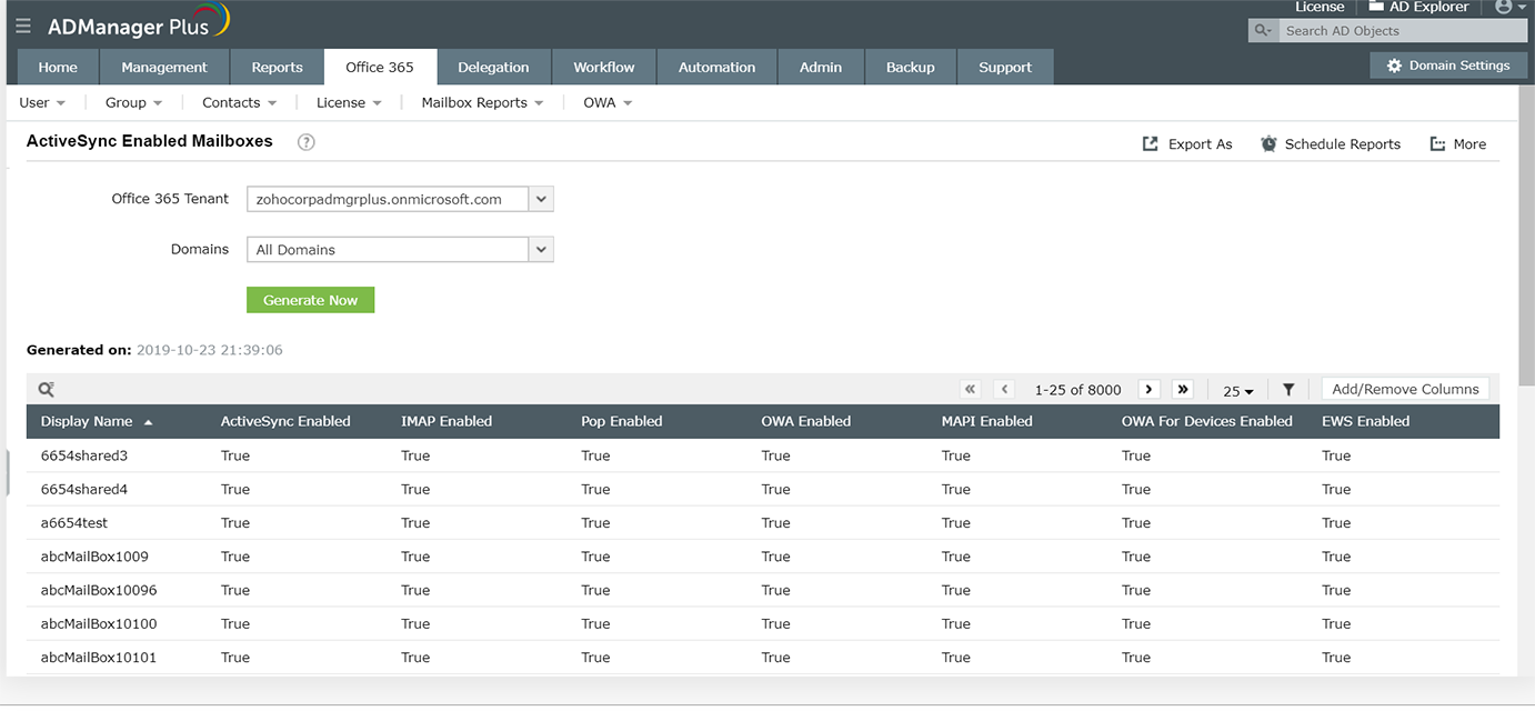 ActiveSync Enabled Users report