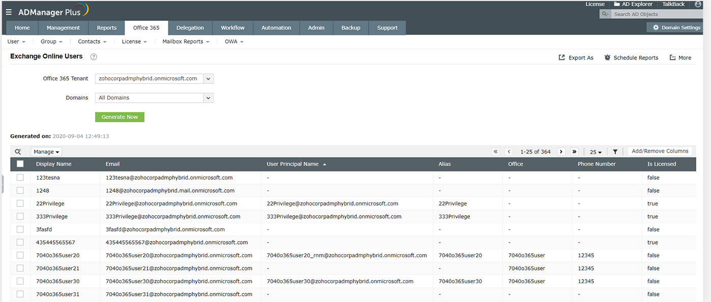 Exchange Online Users report