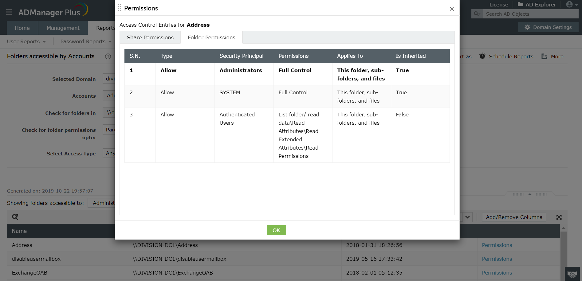 The Folders Accessible by Accounts report under NTFS Reports in ADManager Plus