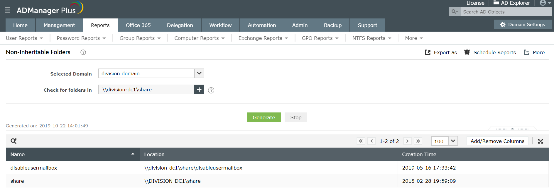 The Non-Inheritable Folders report under NTFS Reports in ADManager Plus