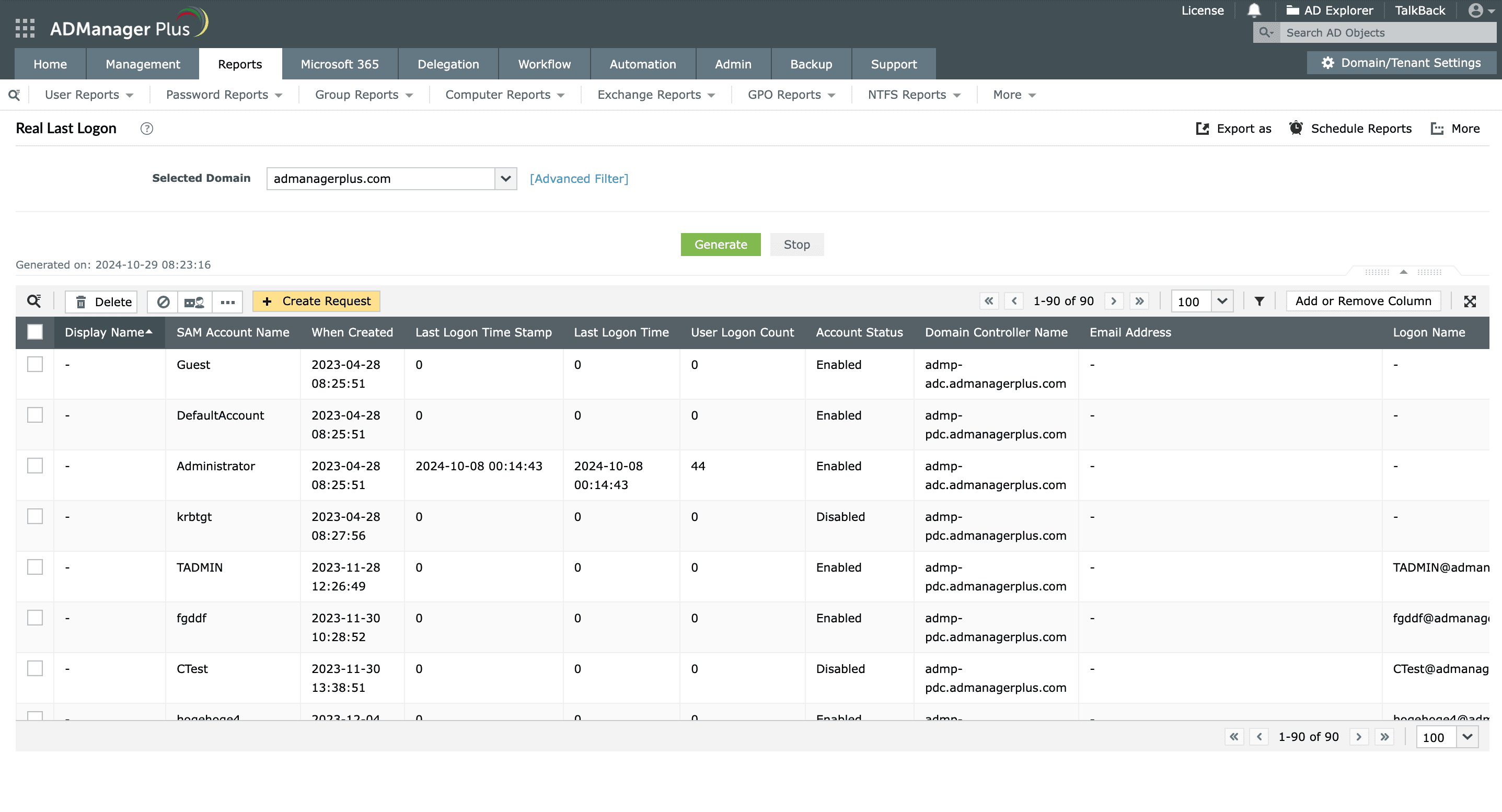 An example of the Real Last Logon report in ADManager Plus, which fetches and displays the last logon dates of AD users