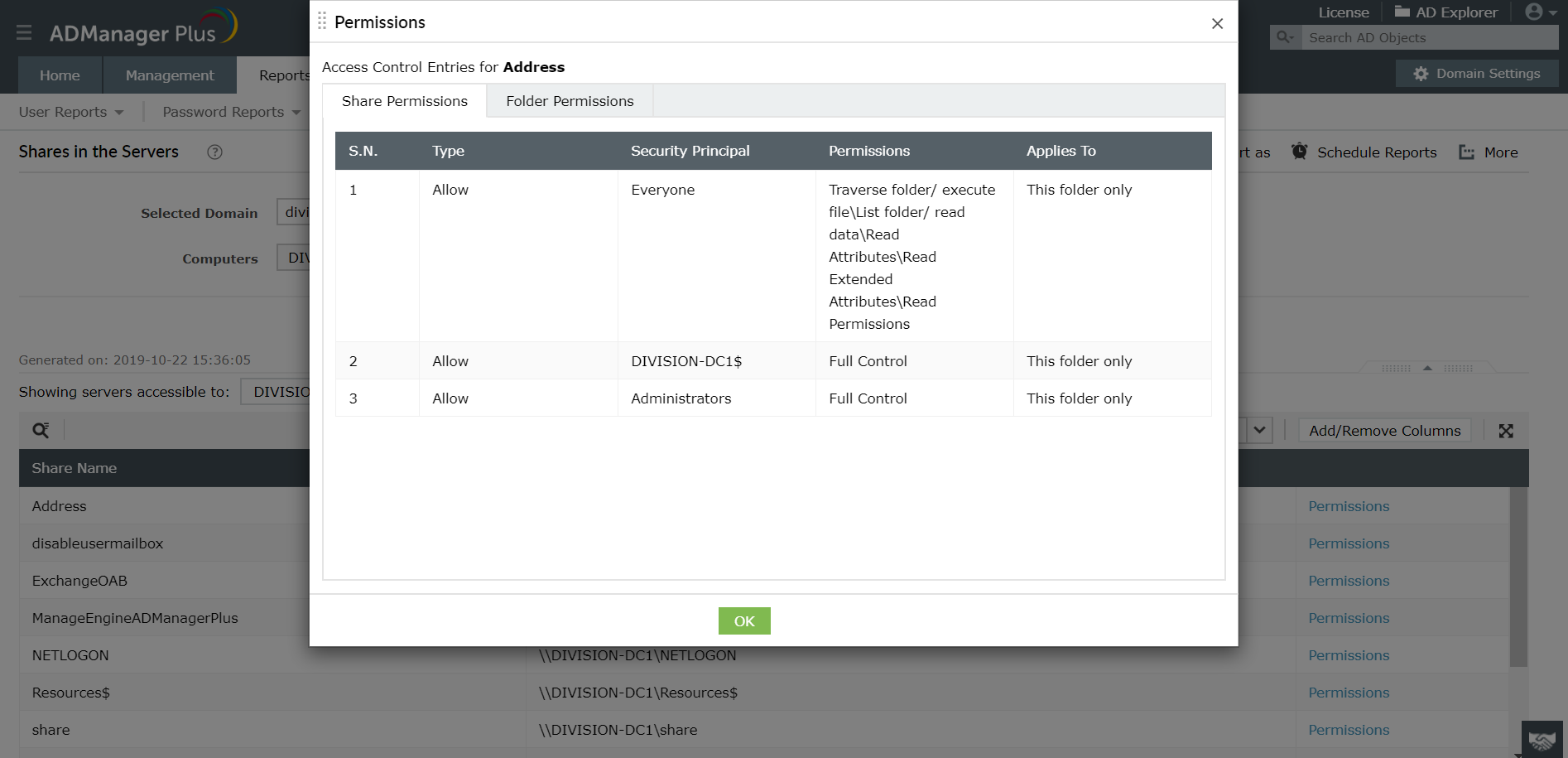 The Shares in the Servers report under NTFS Reports in ADManager Plus