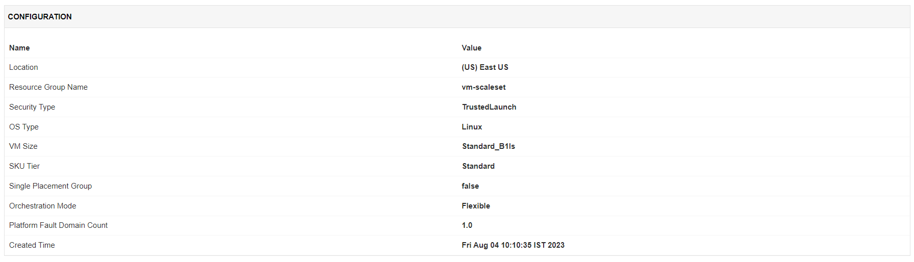 Complete configuration details of Azure VM Scale Sets