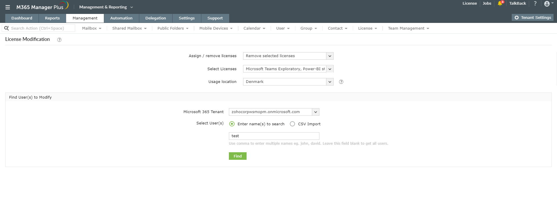 Onglet Modification de licence