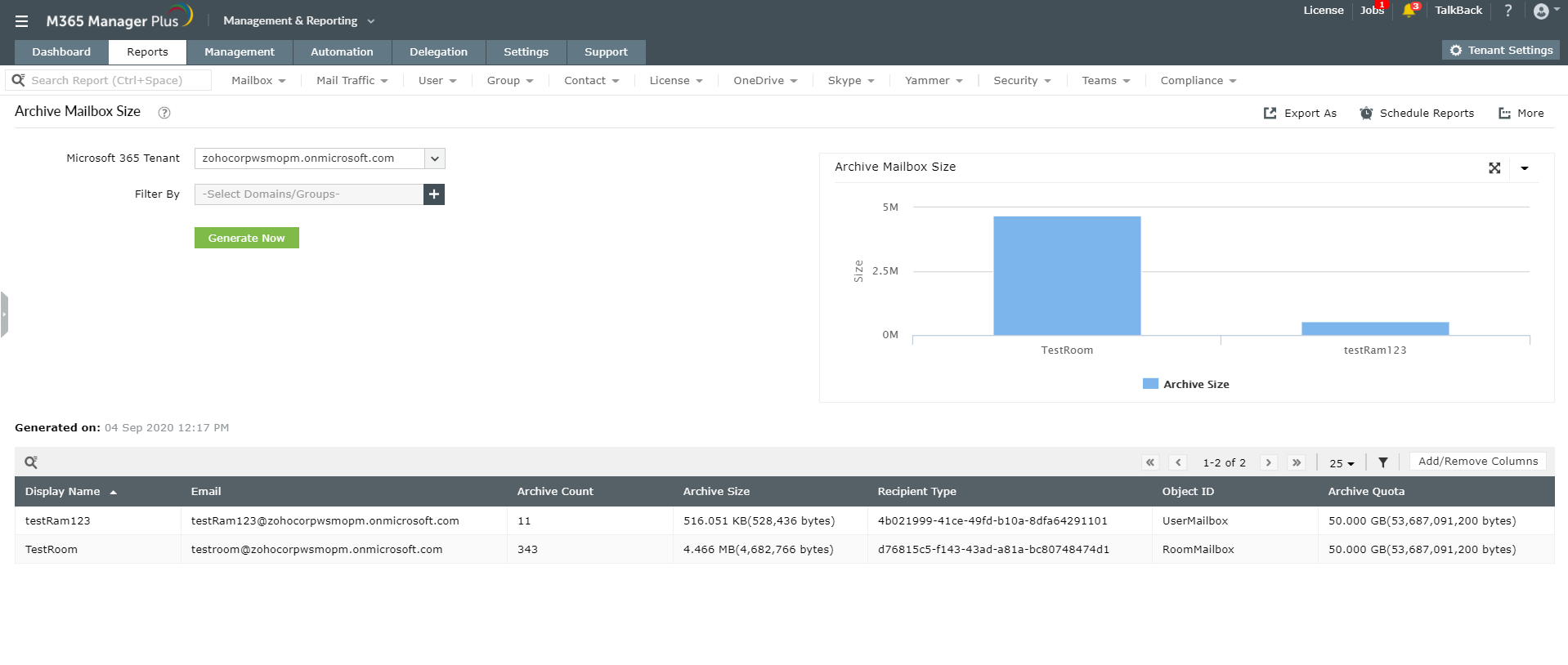 Rapport Taille de la bo&icirc;te aux lettres Microsoft 365