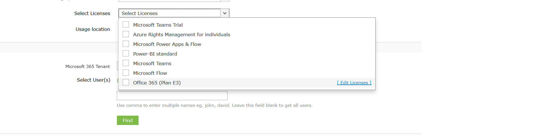 Sélection d’une licence