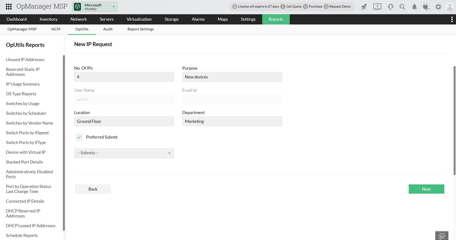 IP request- ManageEngine OpManager MSP
