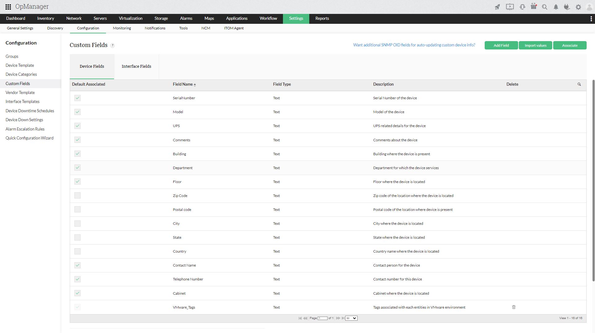 OpManager Device Custom Fields