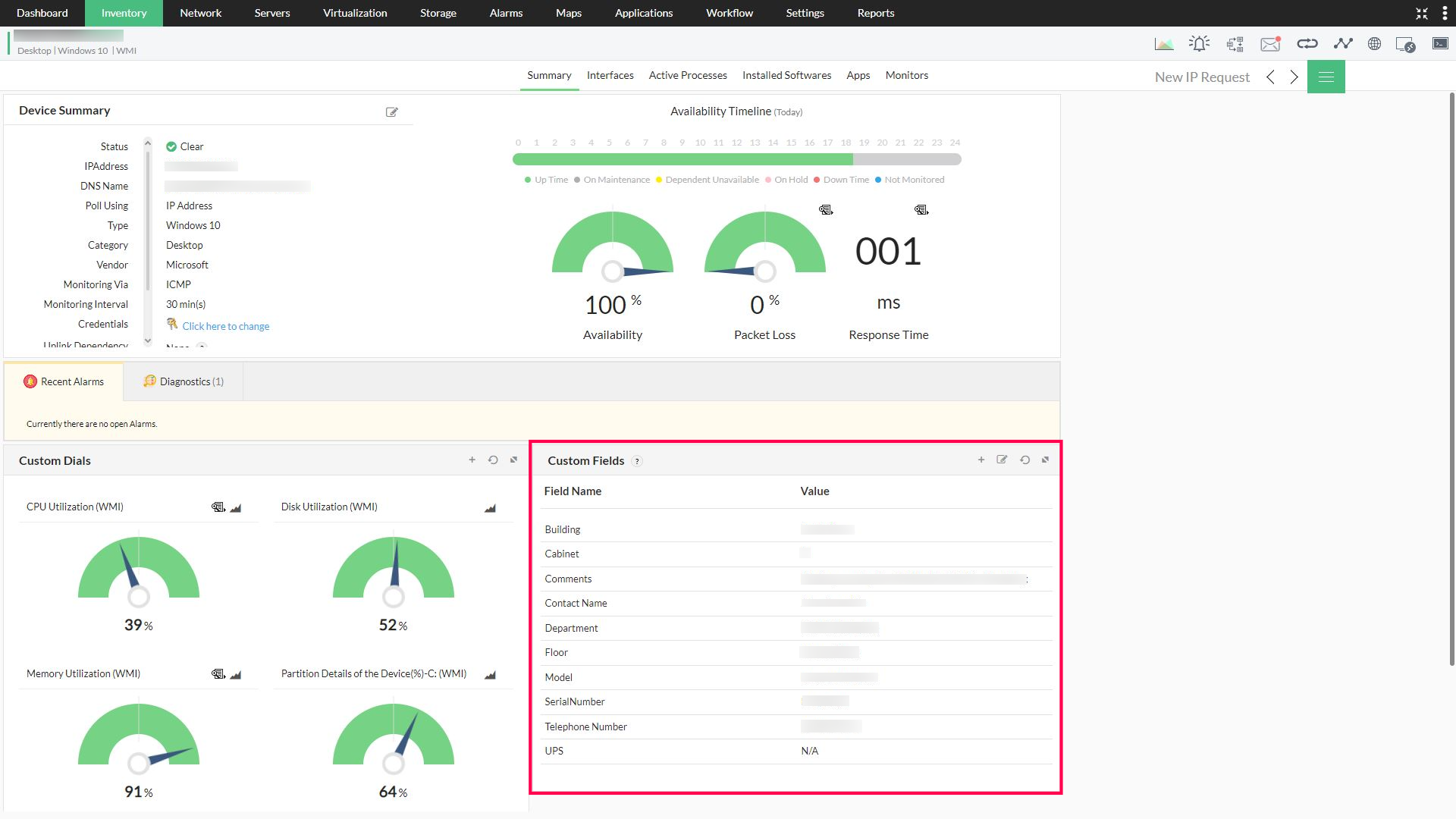 OpManager custom fields widget on device snapshot page