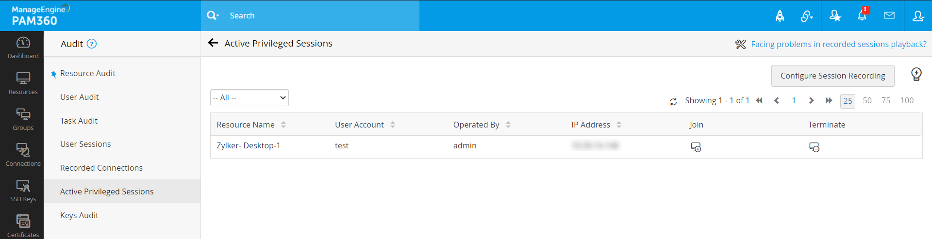 Session privilégiée en temps réel dans PAM360 Session privilégiée en temps réel dans PAM360