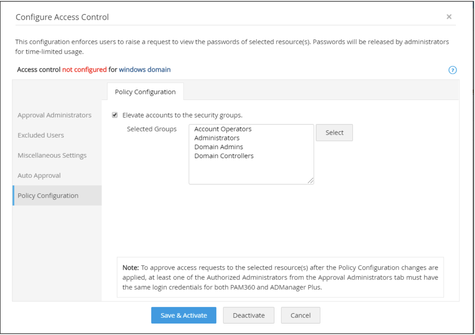 Privilege elevation for Windows domain PAM360