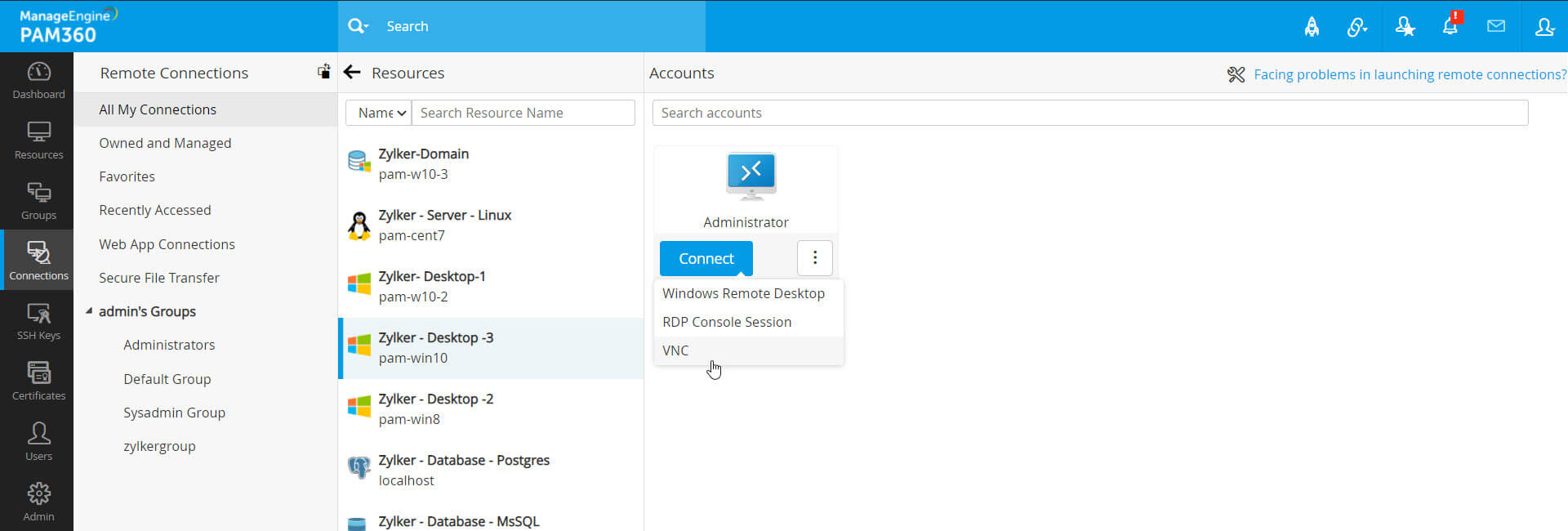 Établissement de sessions privilégiées dans PAM360 Établissement de sessions privilégiées dans PAM360