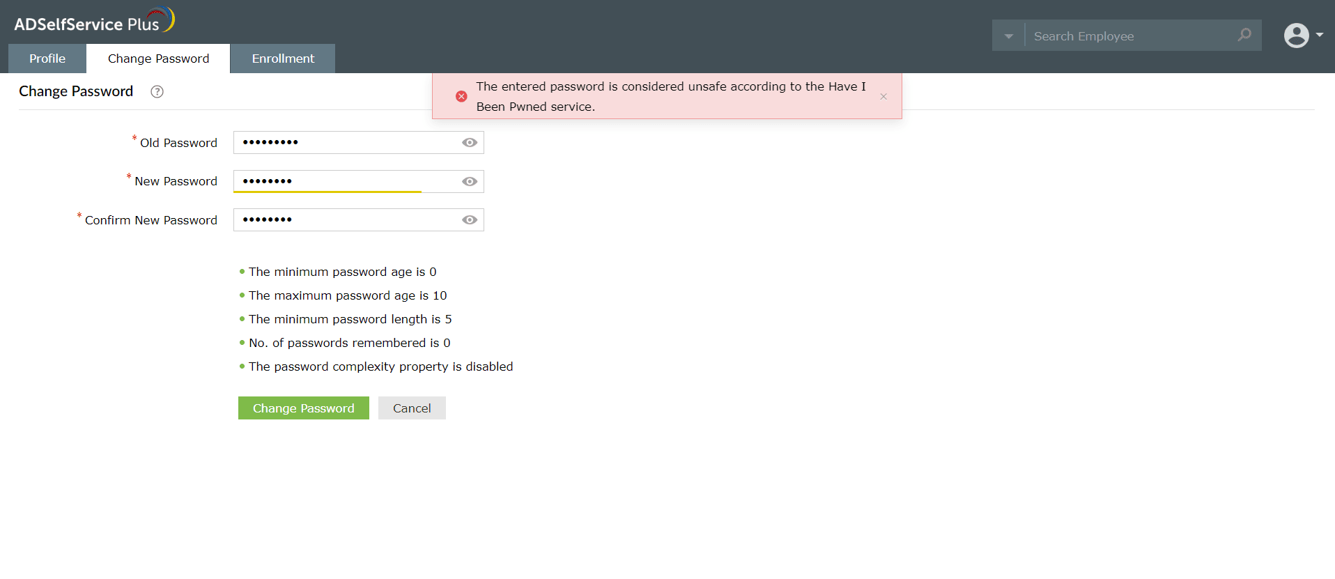 Breached password protection during password changes using ADSelfService Plus' integration with Have I Been Pwned