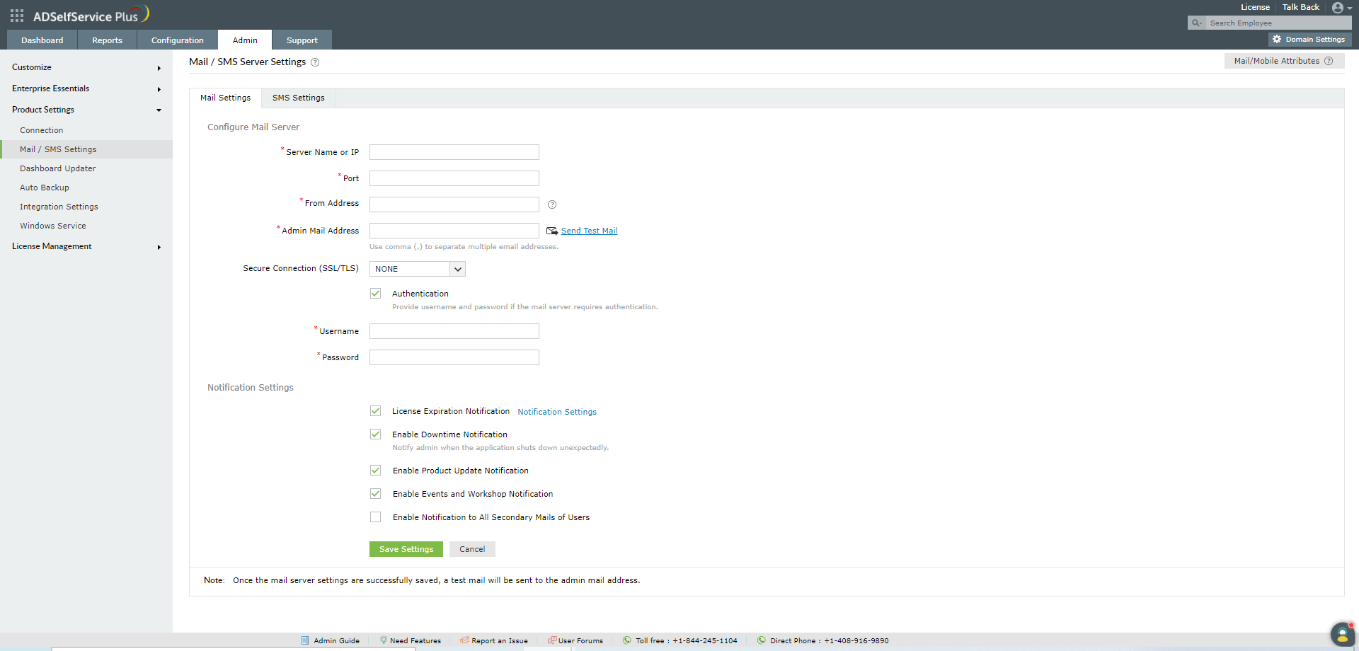 How to configure mail server in ADSelfService Plus with TLS / SSL