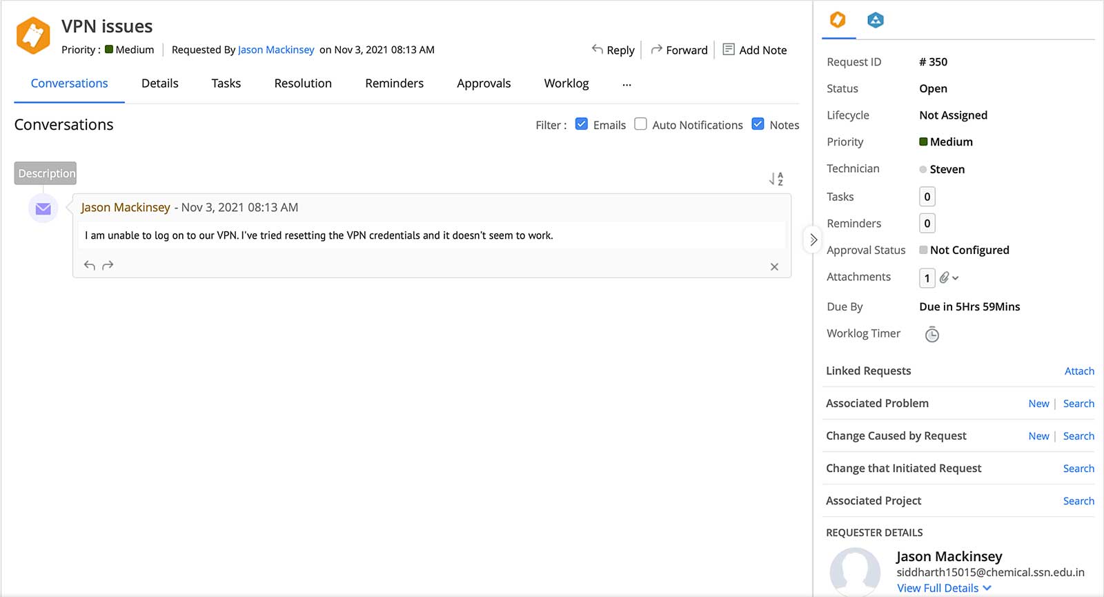 Ticket créé dans ManageEngine ServiceDesk Plus Ticket créé dans ManageEngine ServiceDesk Plus