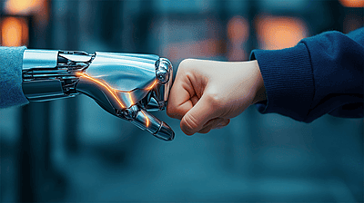 Responsible AI governance A human arm fist bumping a robot arm representing AI trust