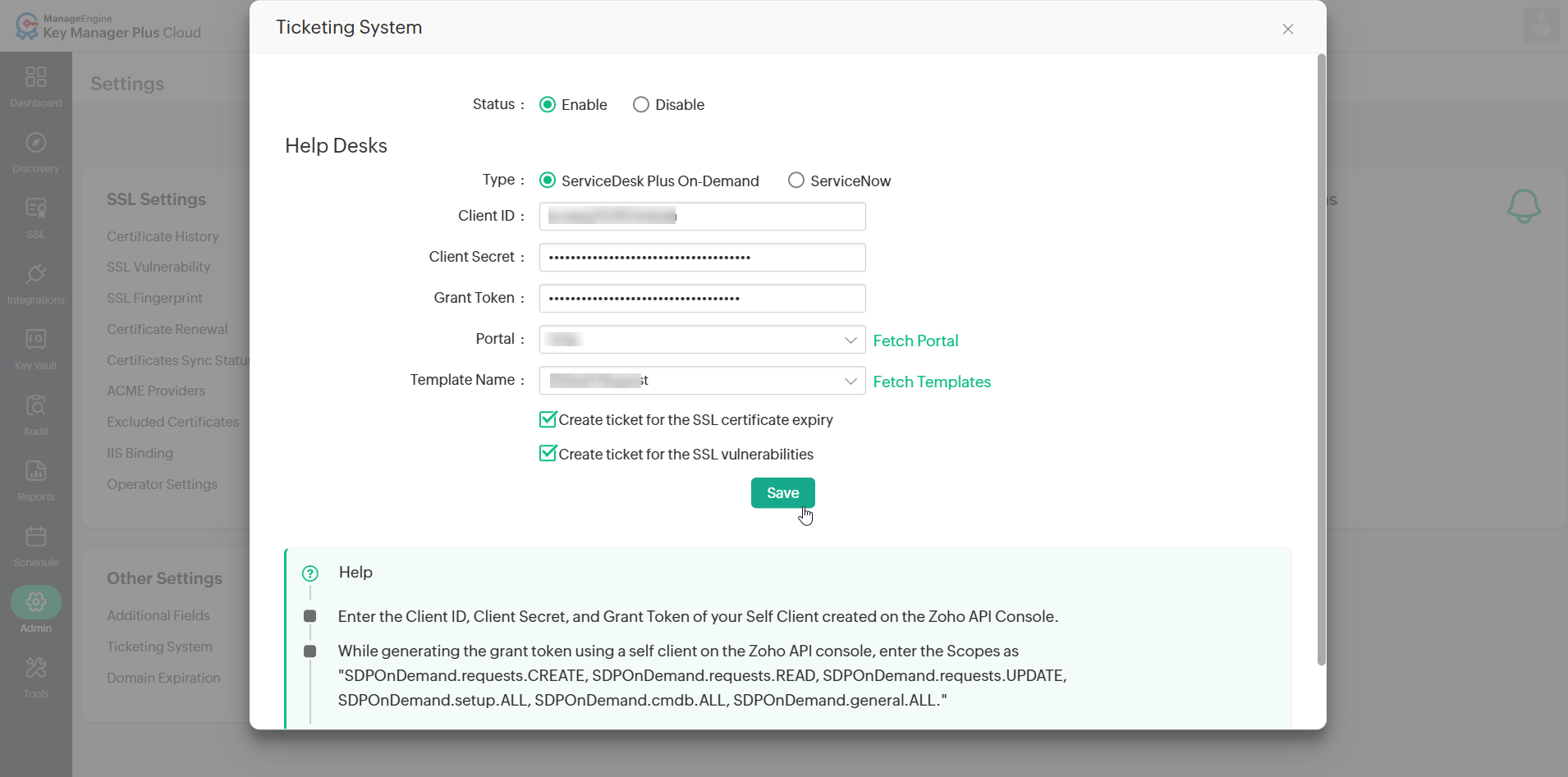 Ticketing System Integration in Key Manager Plus Cloud