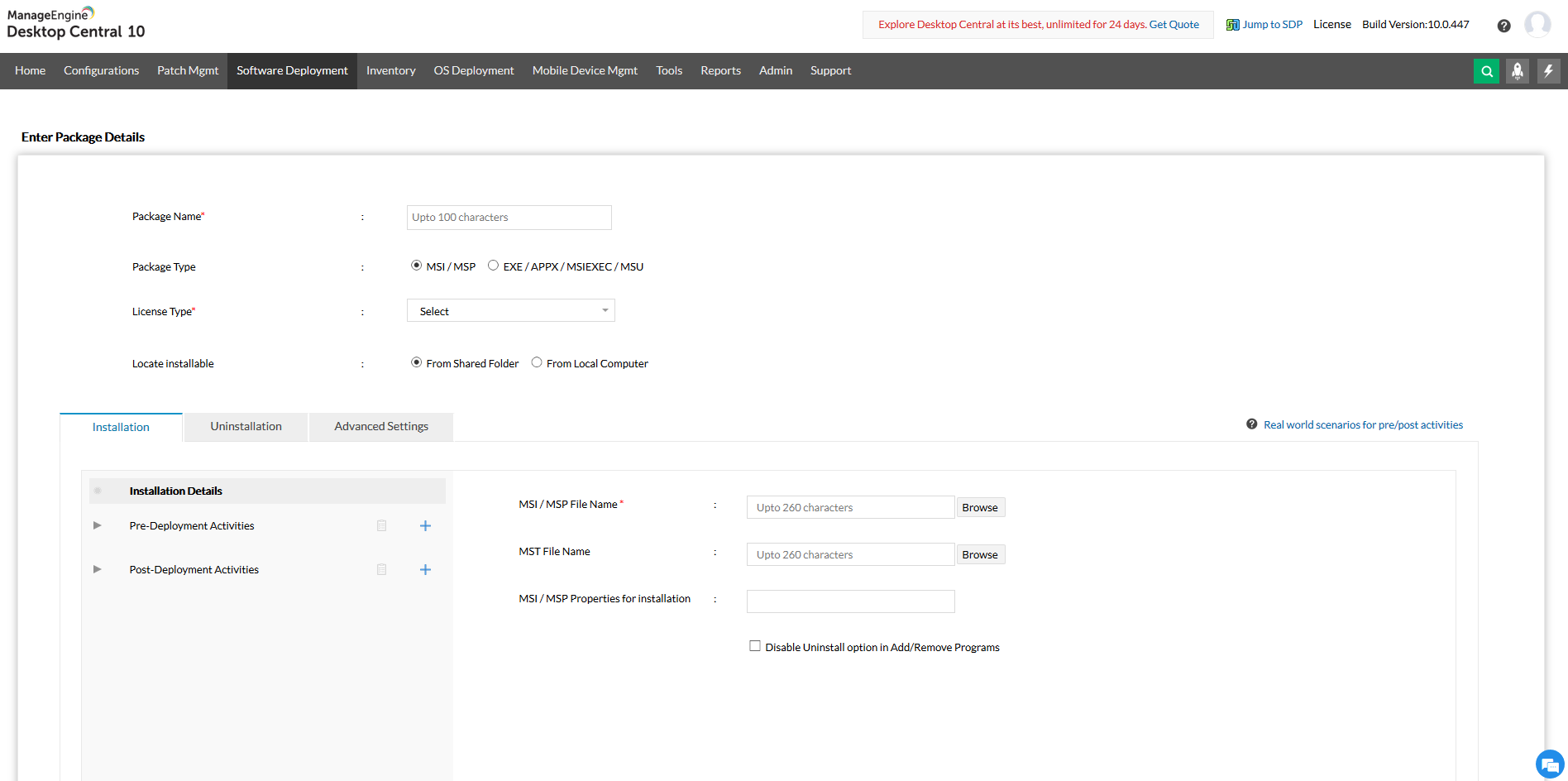 Create and customize your own software packages with pre and post deployment activities